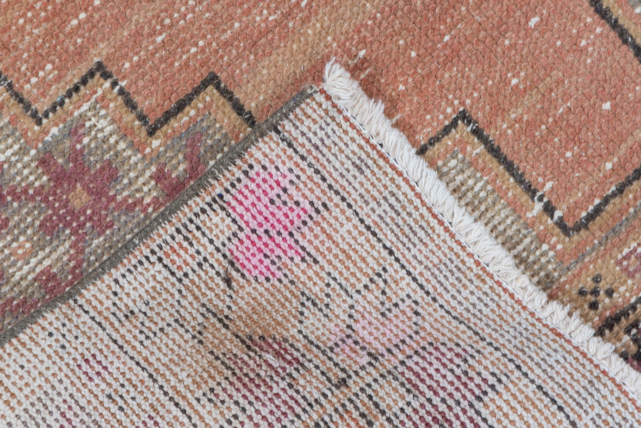 3' x 9' one-of-a-kind handmade vintage Oushak runner rug. Color palette: peach, camel, taupe, rose, burgundy, ivory, brown
