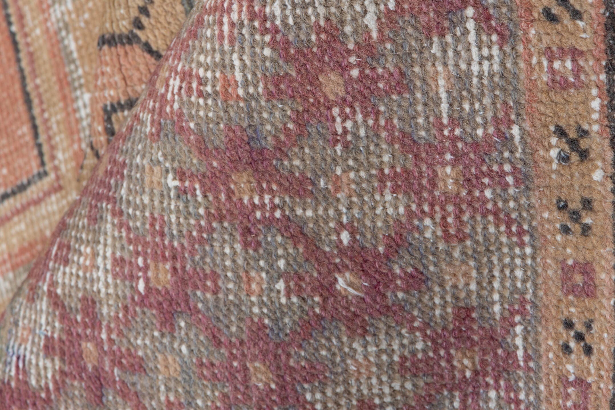 3' x 9' one-of-a-kind handmade vintage Oushak runner rug. Color palette: peach, camel, taupe, rose, burgundy, ivory, brown
