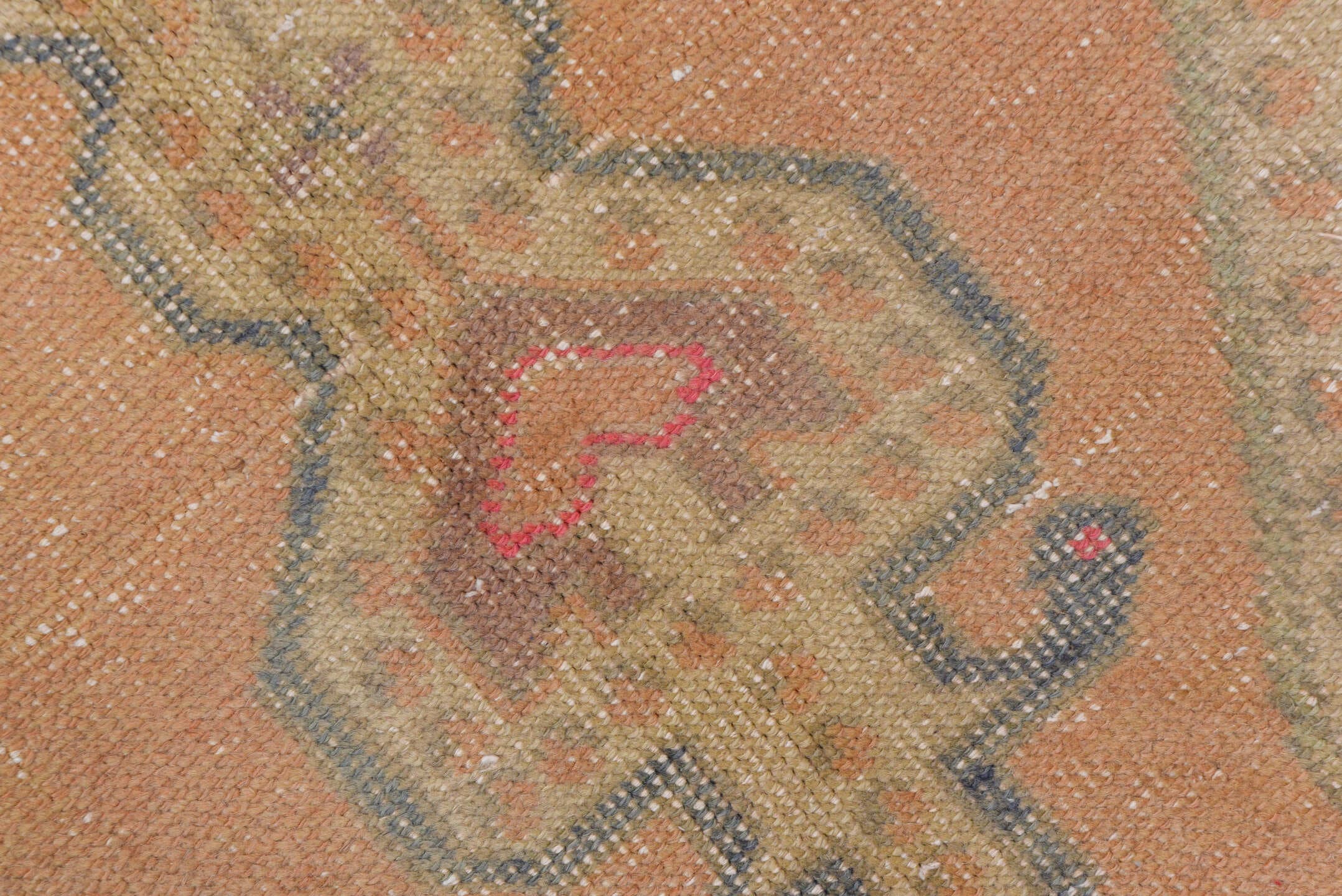 4' x 7' one-of-a-kind handmade vintage Oushak rug. Color palette: peach, ivory, taupe, slate, rose, beige, terracotta, pink