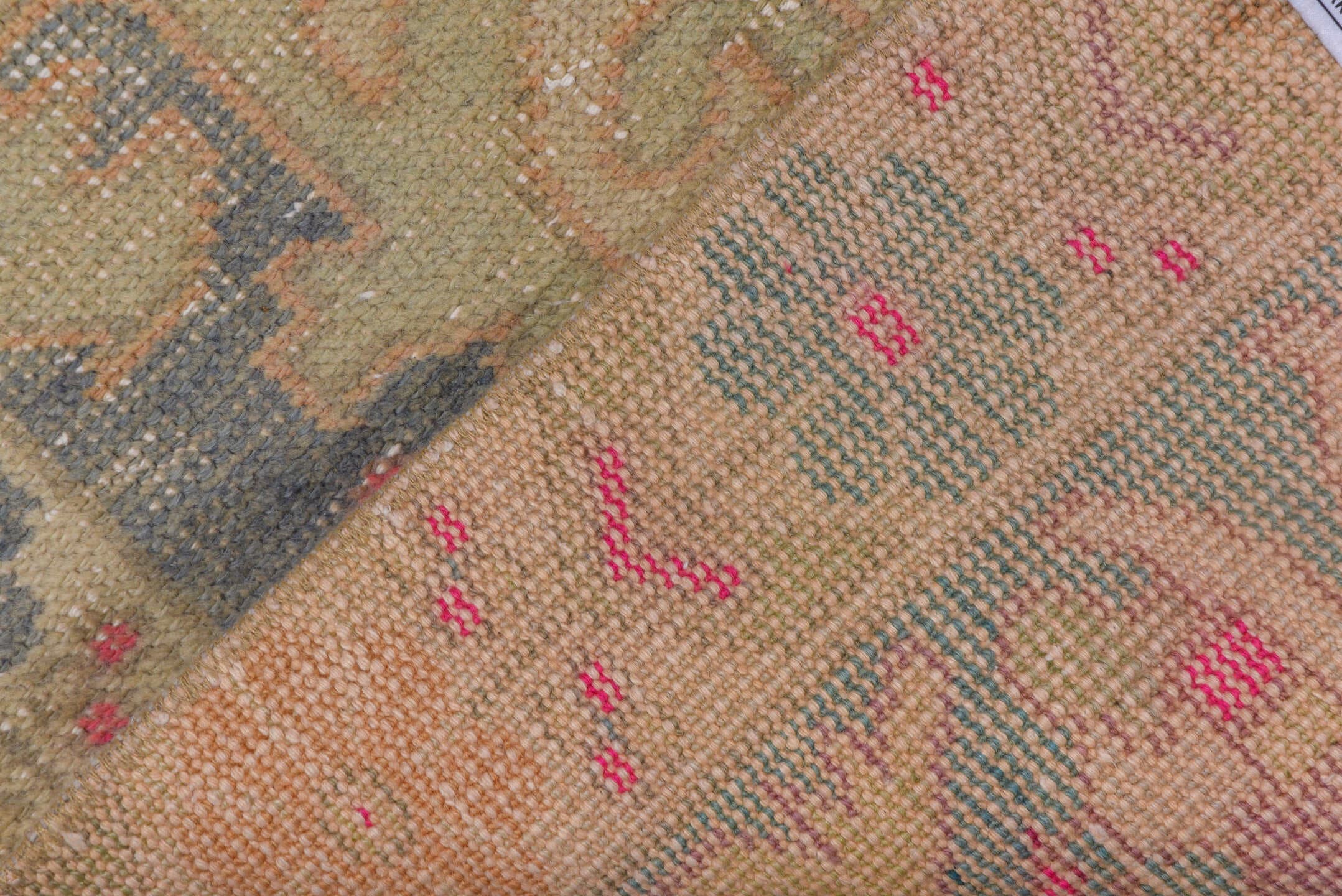 4' x 7' one-of-a-kind handmade vintage Oushak rug. Color palette: peach, ivory, taupe, slate, rose, beige, terracotta, pink