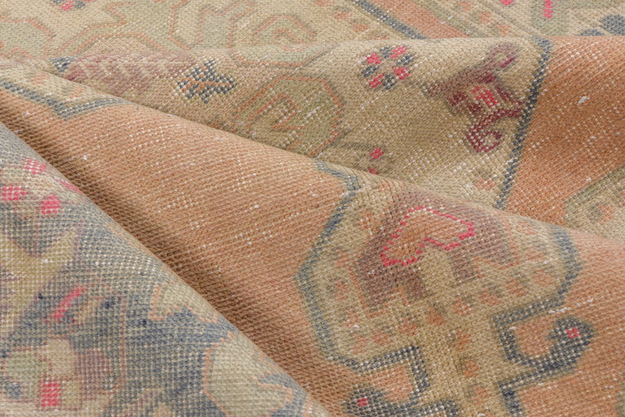 4' x 7' one-of-a-kind handmade vintage Oushak rug. Color palette: peach, ivory, taupe, slate, rose, beige, terracotta, pink