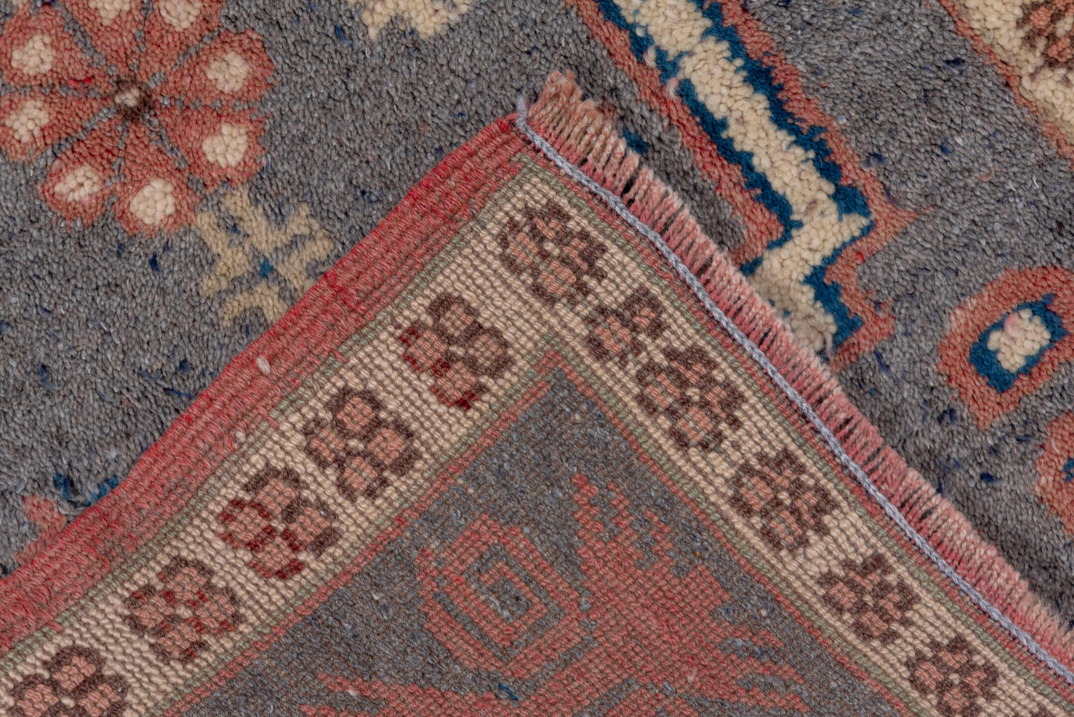 2' x 3' one-of-a-kind handmade vintage Oushak small size rug. Color palette: blue, brown, gray, light gray, pink, red