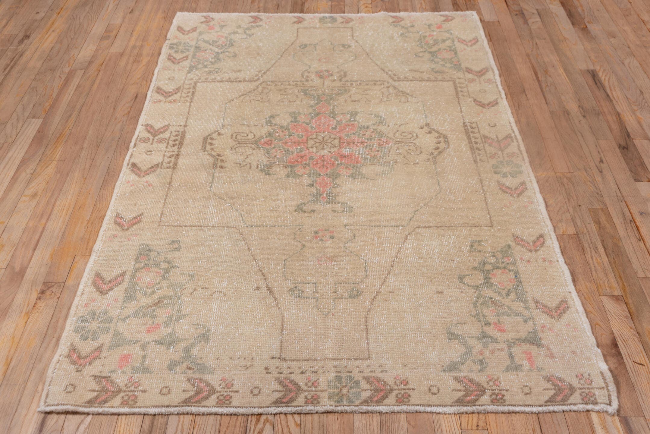 4' x 6' one-of-a-kind handmade vintage Oushak small size rug. Color palette: beige, taupe, blush, sage, brown, ivory, gray