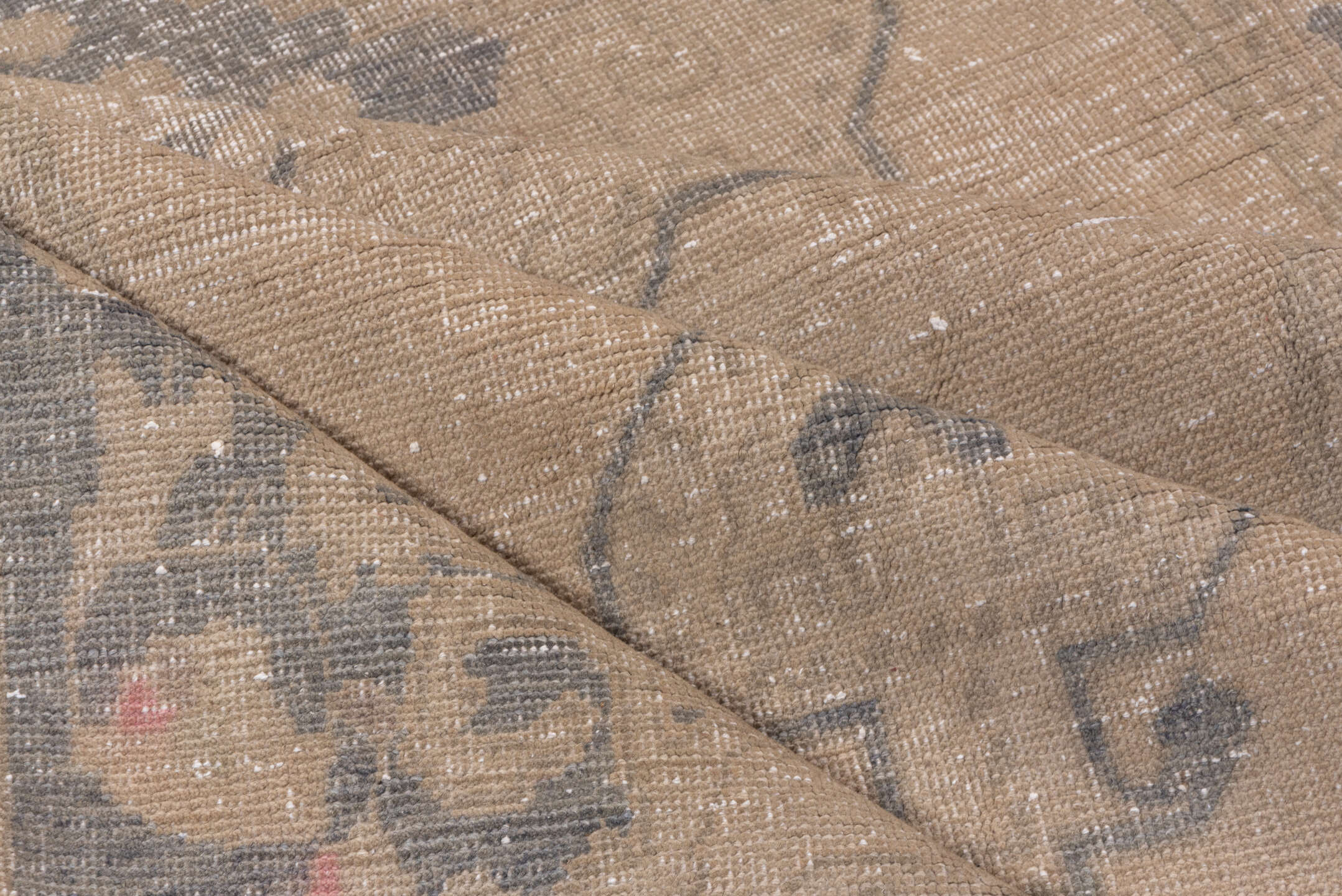 4' x 7' one-of-a-kind handmade vintage Oushak rug. Color palette: taupe, beige, charcoal, ivory, rose, gray, black, pink