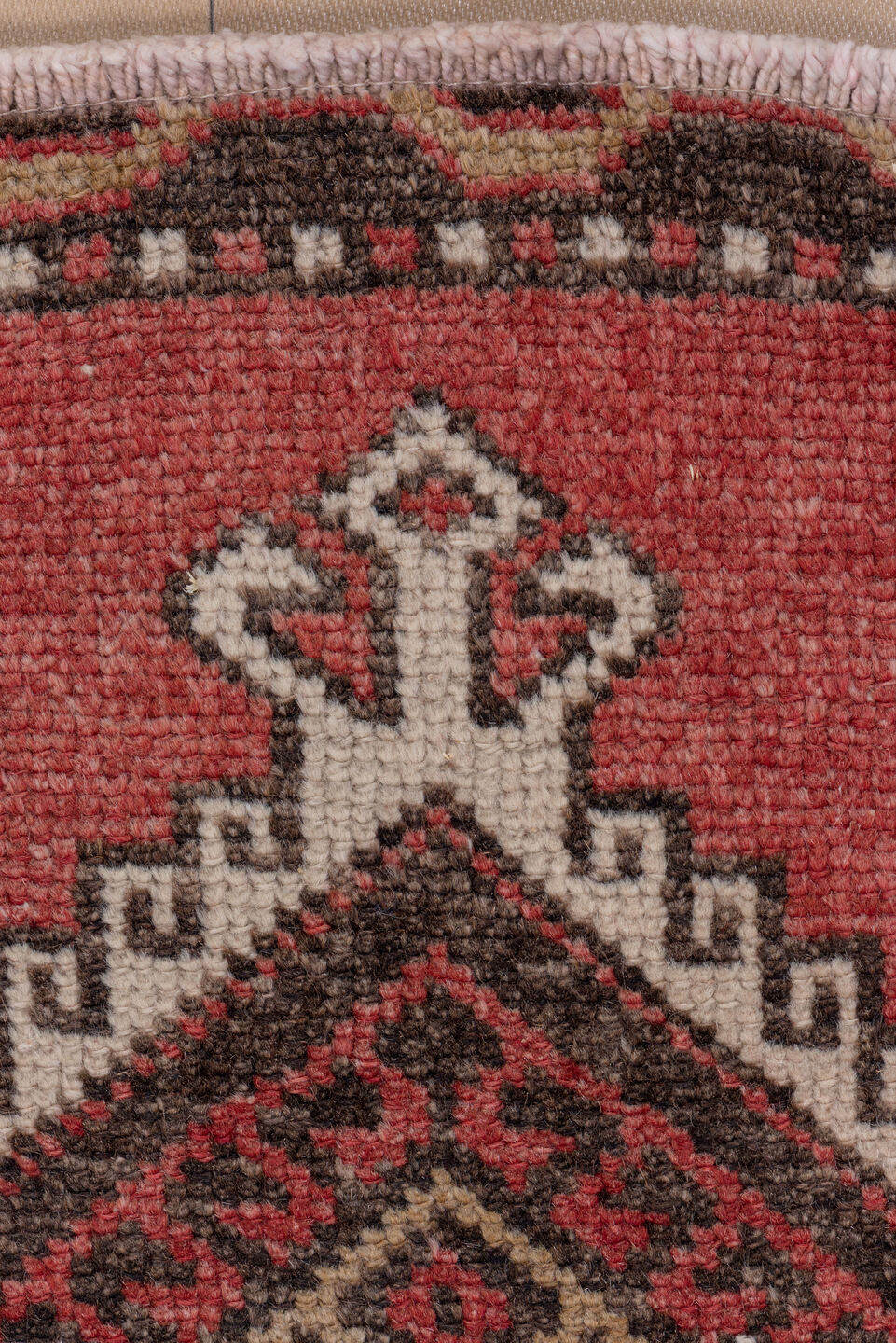 4' x 11' one-of-a-kind handmade vintage Oushak runner rug. Color palette: brown, gray, indian red, light gray, off-white