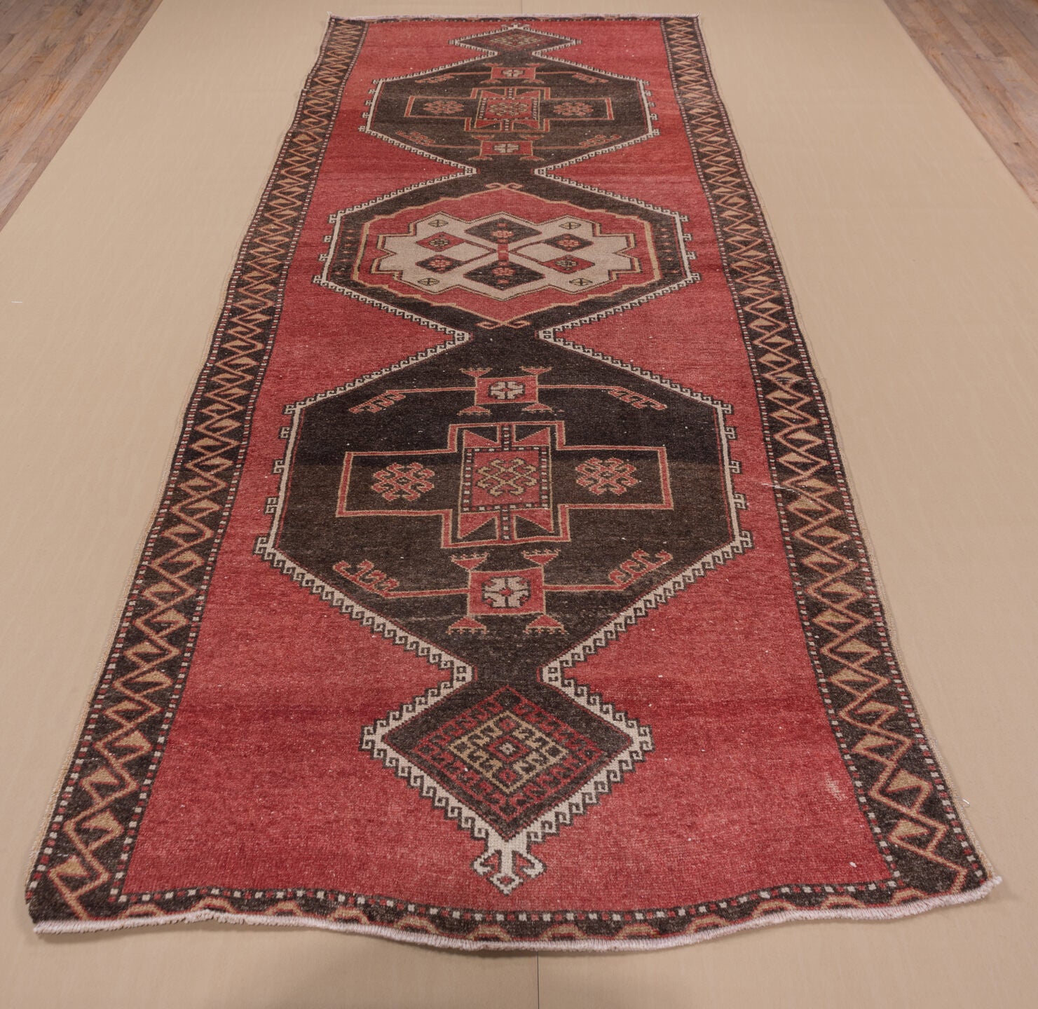 4' x 11' one-of-a-kind handmade vintage Oushak runner rug. Color palette: brown, gray, indian red, light gray, off-white