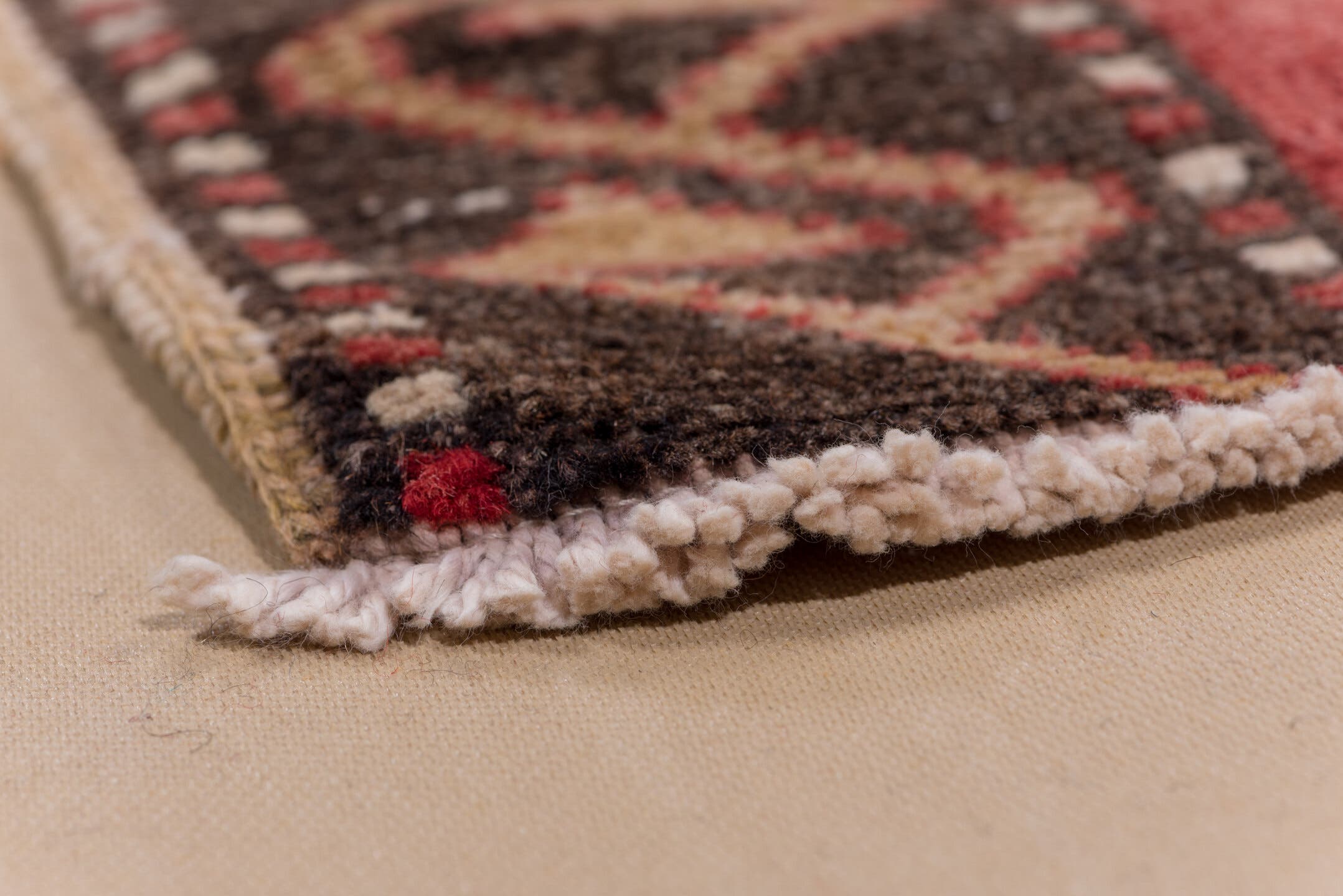 4' x 11' one-of-a-kind handmade vintage Oushak runner rug. Color palette: rust, charcoal, ivory, rose, burgundy, taupe