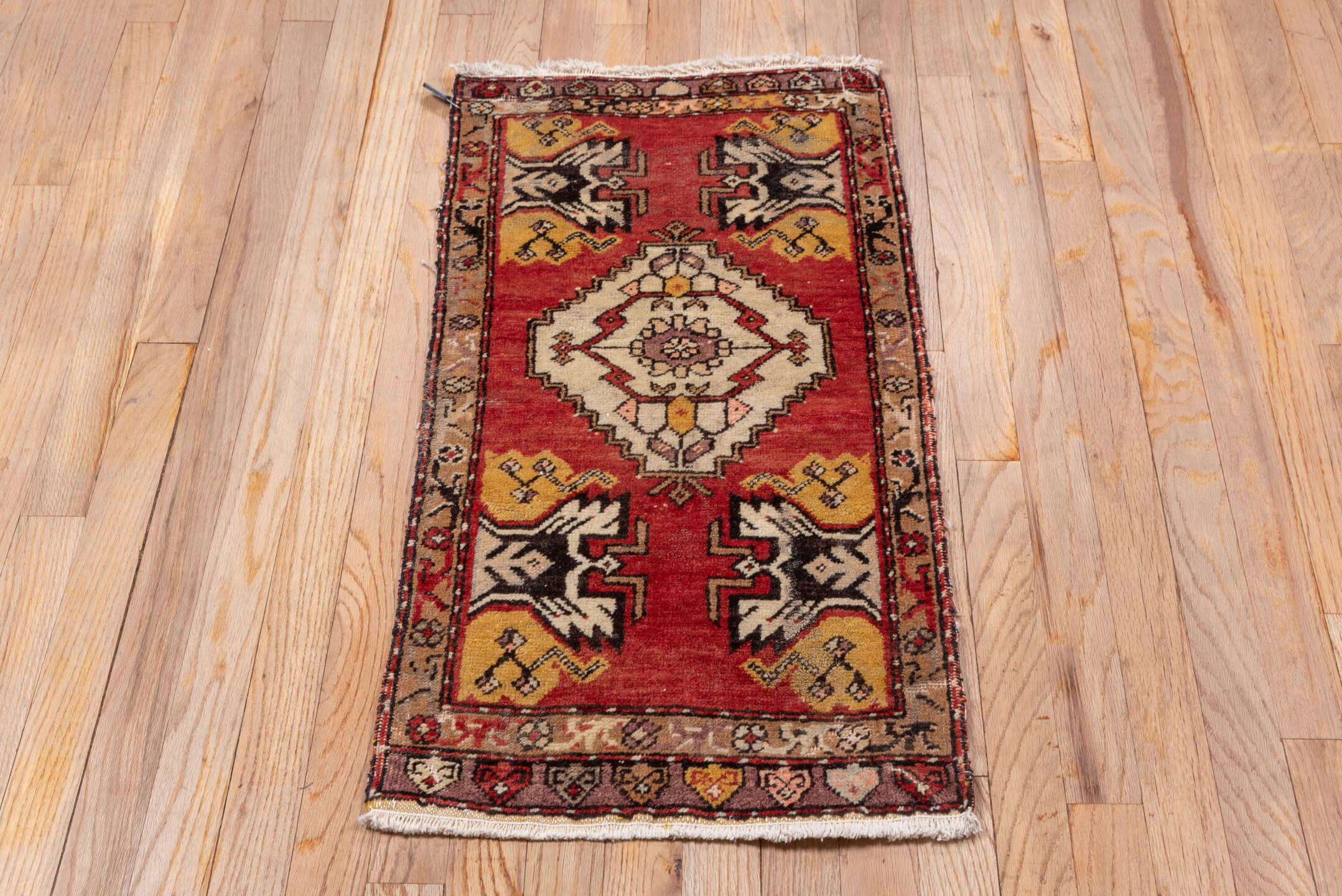 2' x 3' one-of-a-kind handmade vintage Oushak small size rug. Color palette: red, ivory, gold, taupe, charcoal, burgundy
