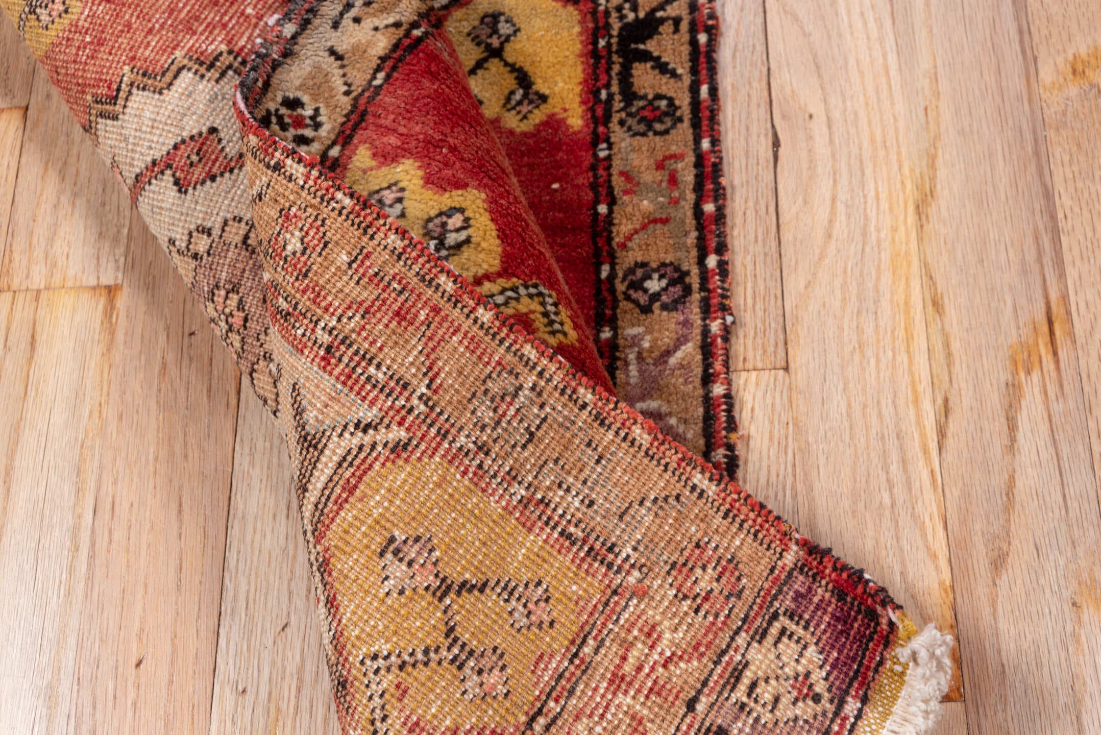 2' x 3' one-of-a-kind handmade vintage Oushak small size rug. Color palette: red, ivory, gold, taupe, charcoal, burgundy