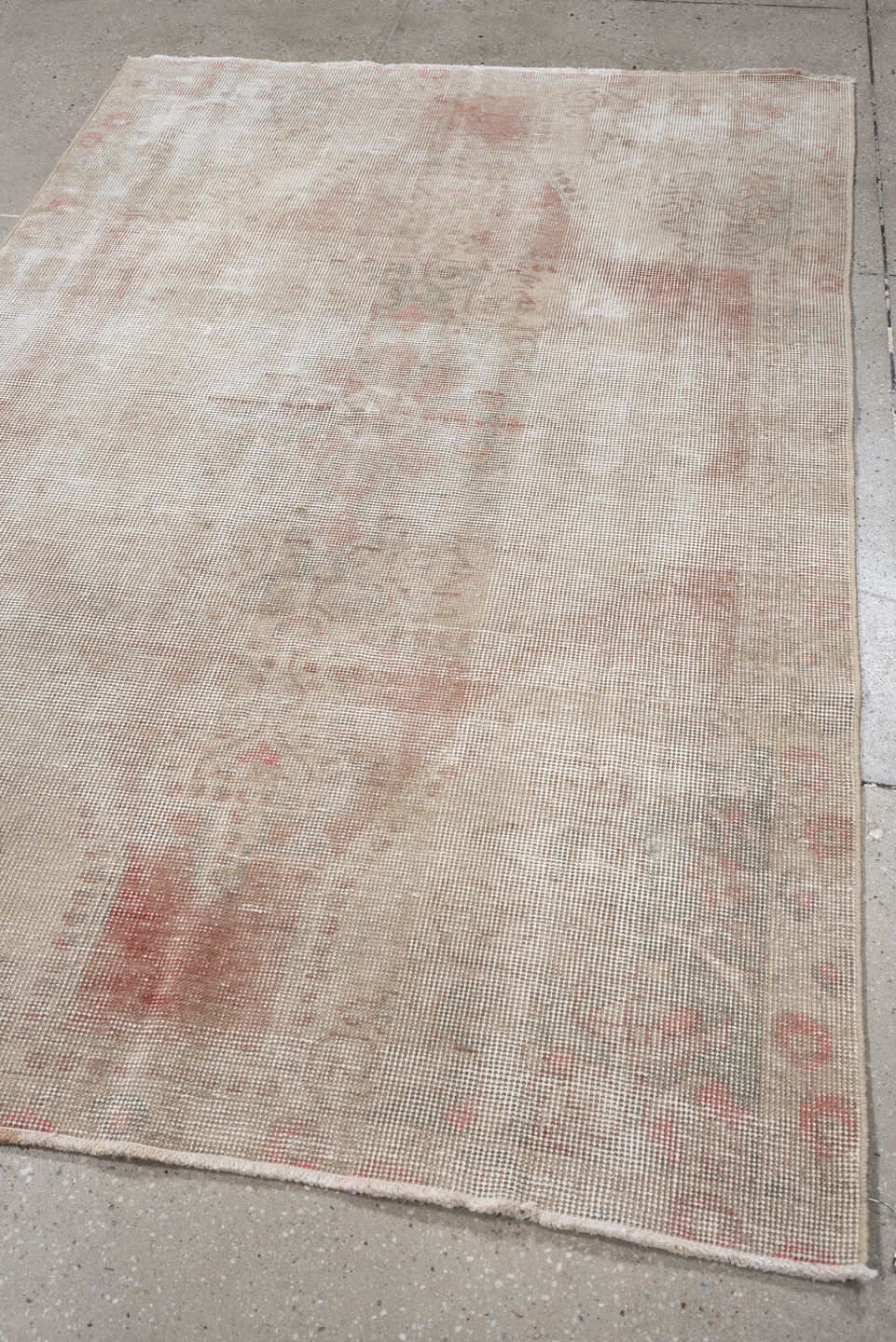 4' x 6' one-of-a-kind handmade vintage Sparta rug. Color palette: ivory, blush, taupe, sage, sand, pink, beige, gray, green