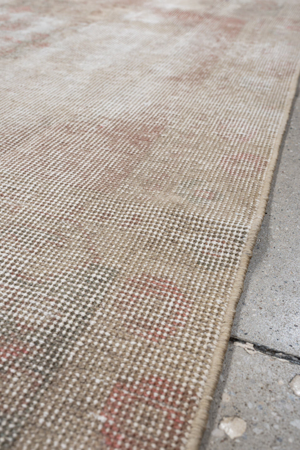 4' x 6' one-of-a-kind handmade vintage Sparta rug. Color palette: ivory, blush, taupe, sage, sand, pink, beige, gray, green