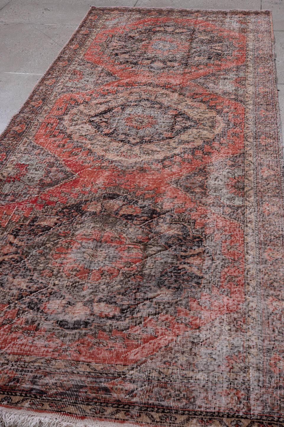 4' x 12' one-of-a-kind handmade vintage Oushak runner rug. Color palette: brown, gray, light gray, off-white, pink, red