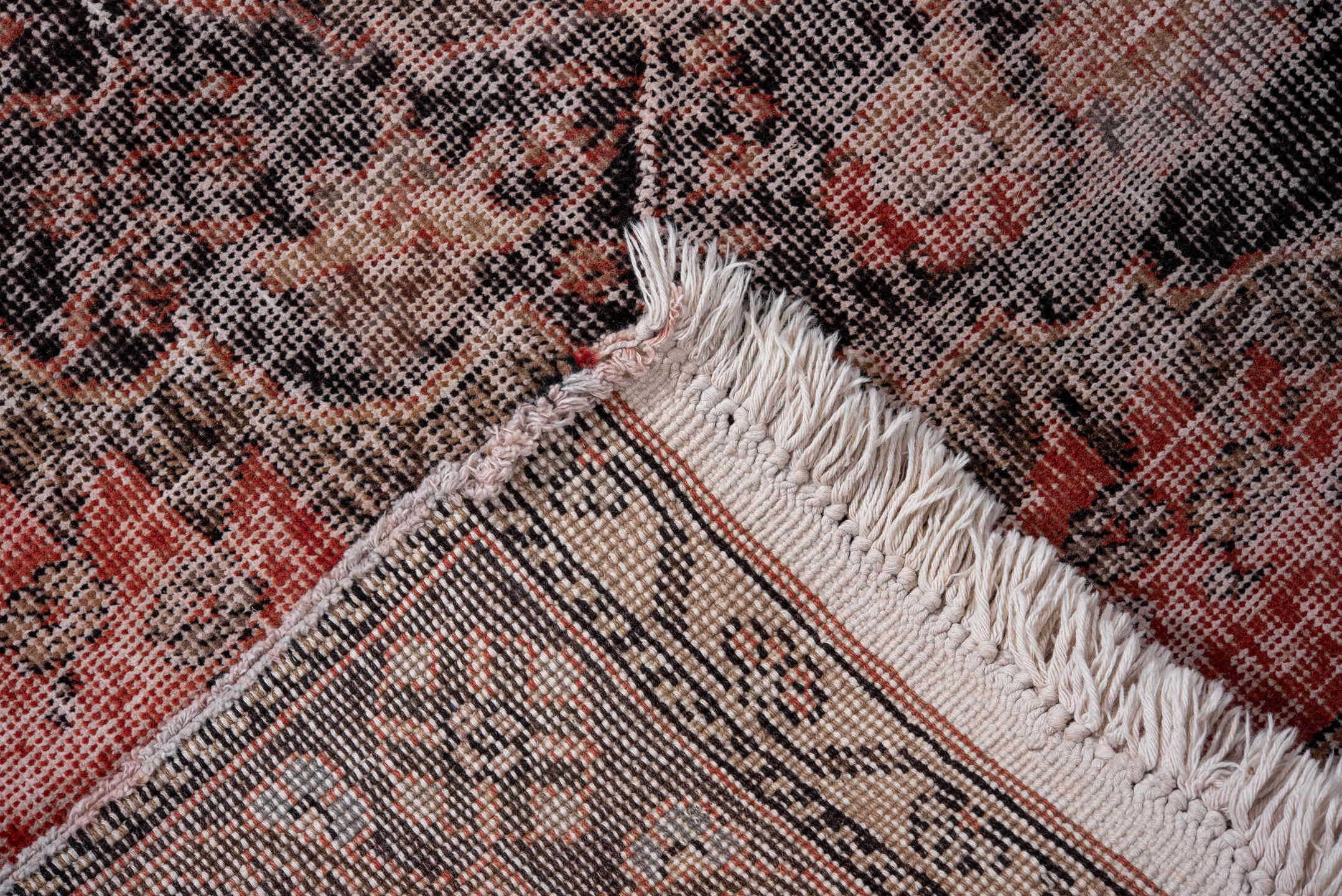 4' x 12' one-of-a-kind handmade vintage Oushak runner rug. Color palette: brown, gray, light gray, off-white, pink, red