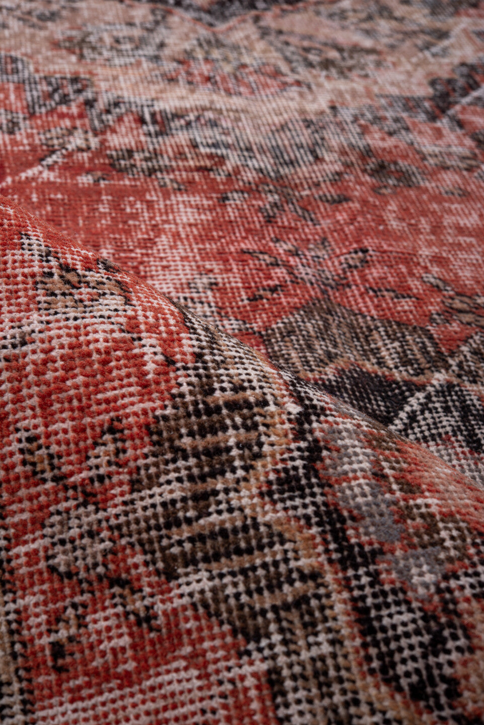 4' x 12' one-of-a-kind handmade vintage Oushak runner rug. Color palette: brown, gray, light gray, off-white, pink, red