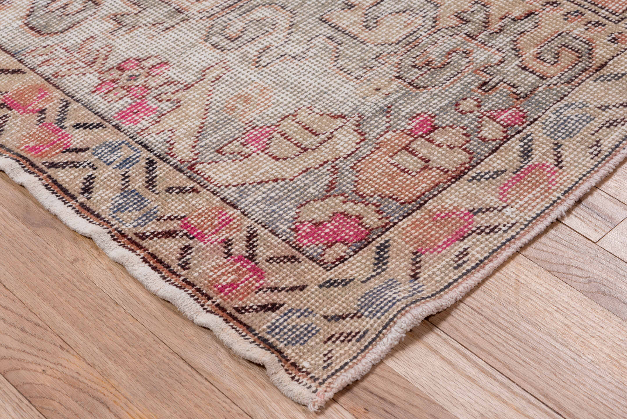 4' x 7' one-of-a-kind handmade vintage Oushak rug. Color palette: ivory, blush, peach, taupe, rose, slate, brown, pink