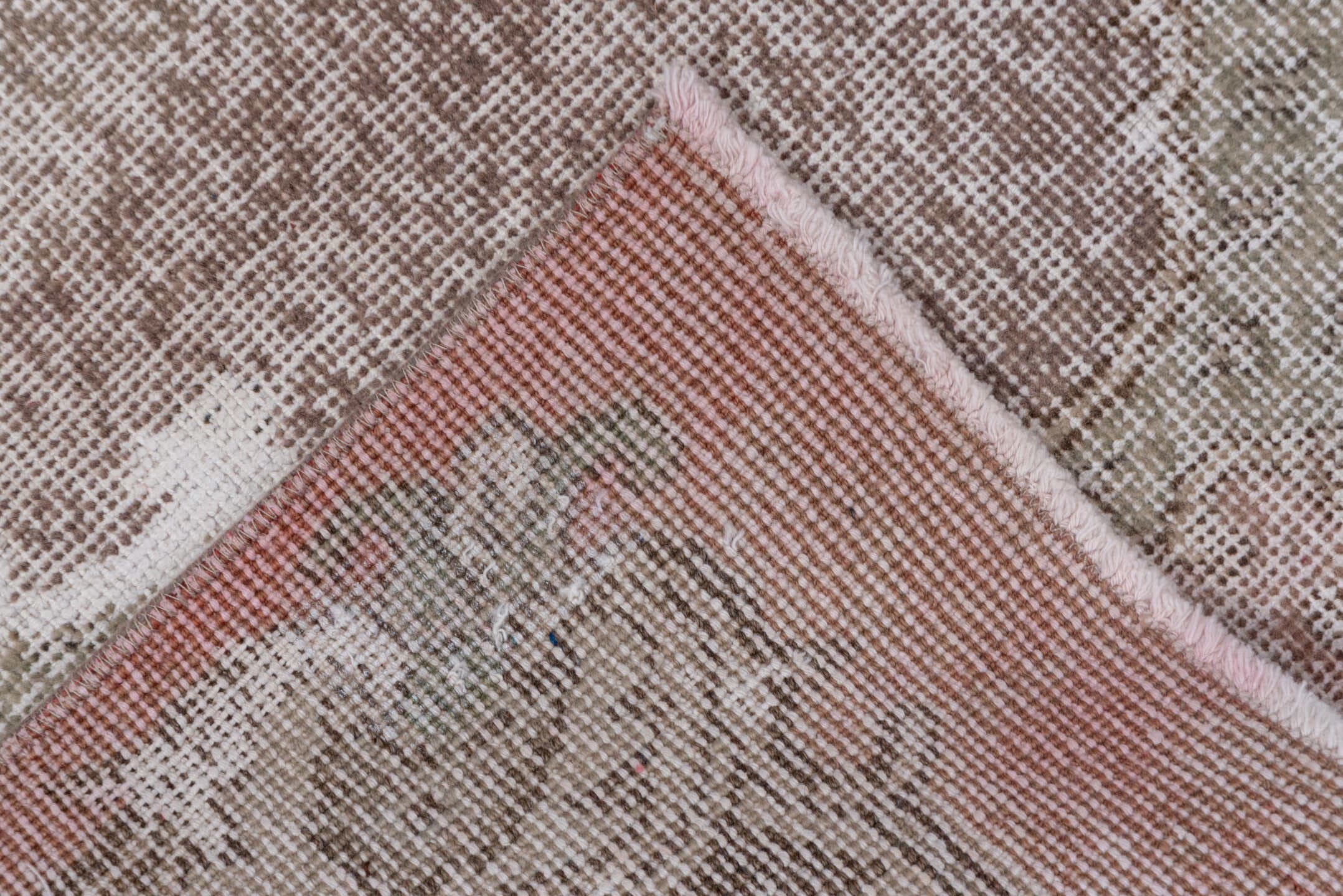 3' x 7' one-of-a-kind handmade vintage Oushak runner rug. Color palette: taupe, blush, ivory, rose, sage, beige, gray, pink