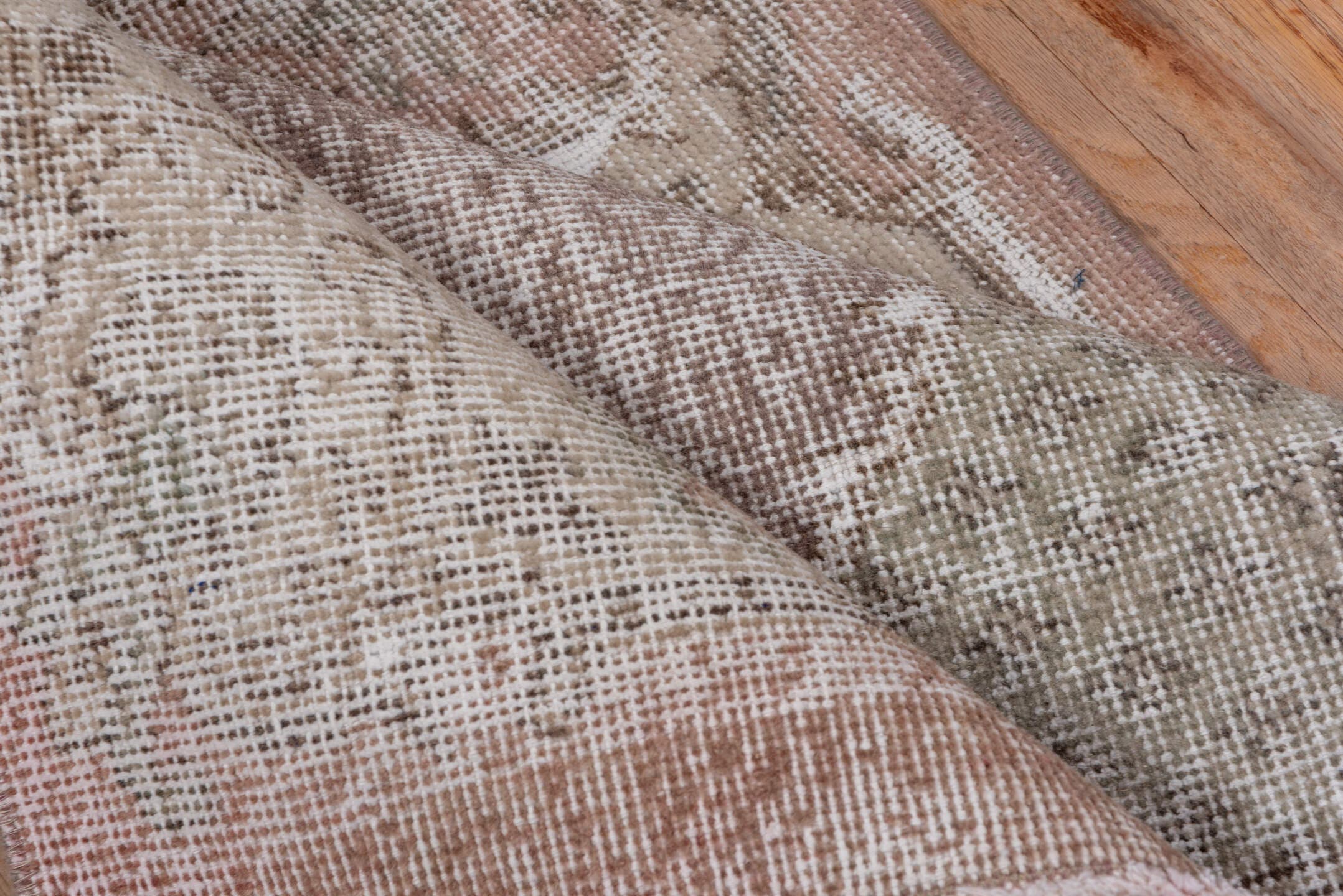 3' x 7' one-of-a-kind handmade vintage Oushak runner rug. Color palette: taupe, blush, ivory, rose, sage, beige, gray, pink