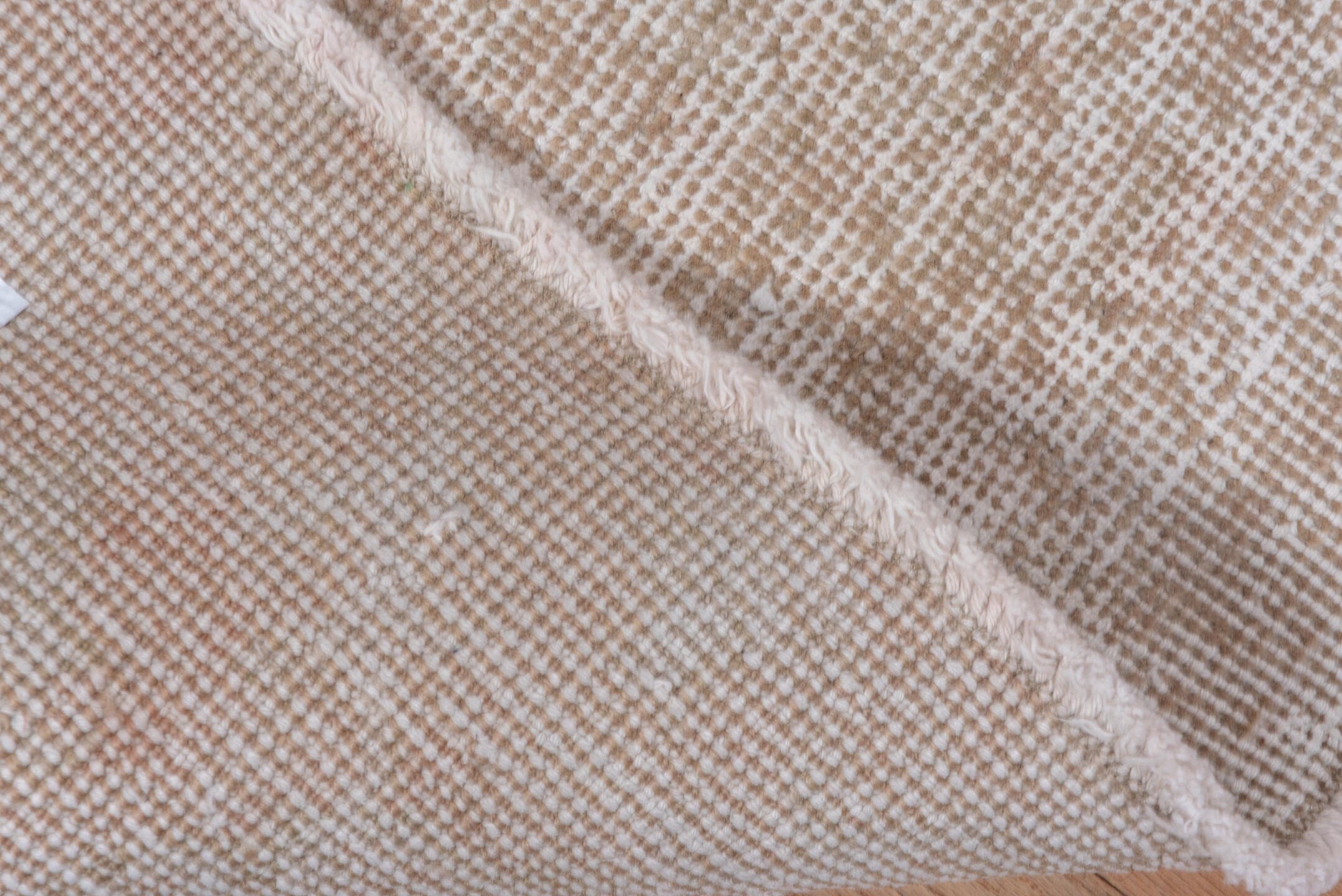 3' x 6' one-of-a-kind handmade vintage Oushak small size rug. Color palette: beige, ivory, taupe, camel, gray