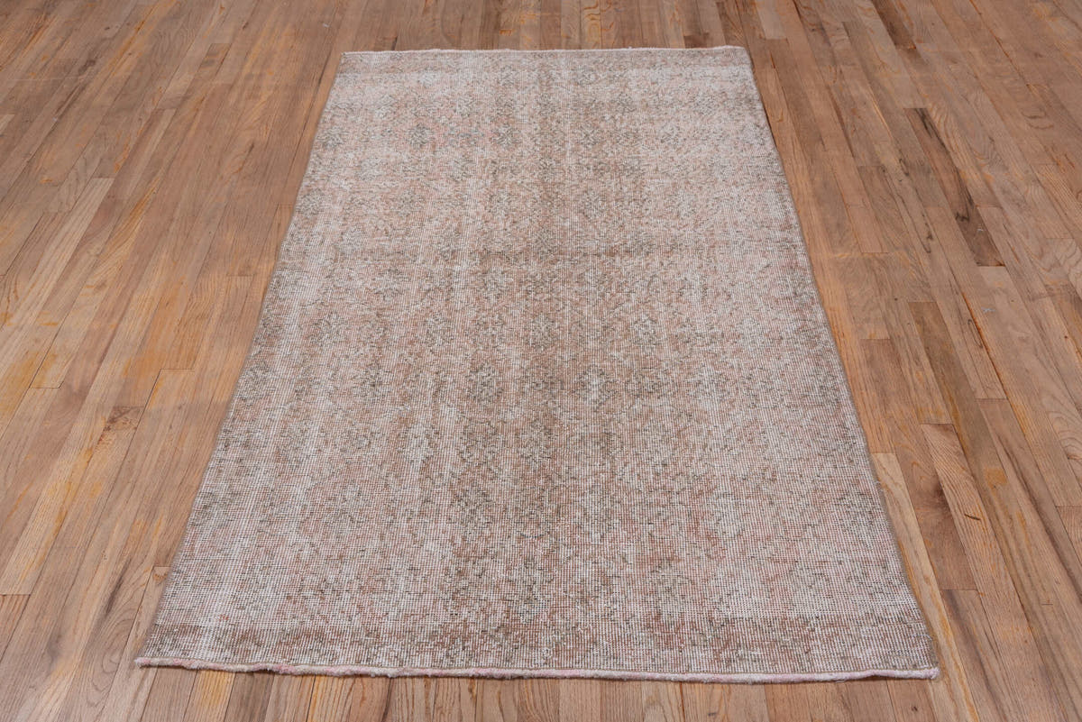 3' x 7' one-of-a-kind handmade vintage Oushak rug. Color palette: blush, taupe, ivory, rose, beige, pink, gray, red