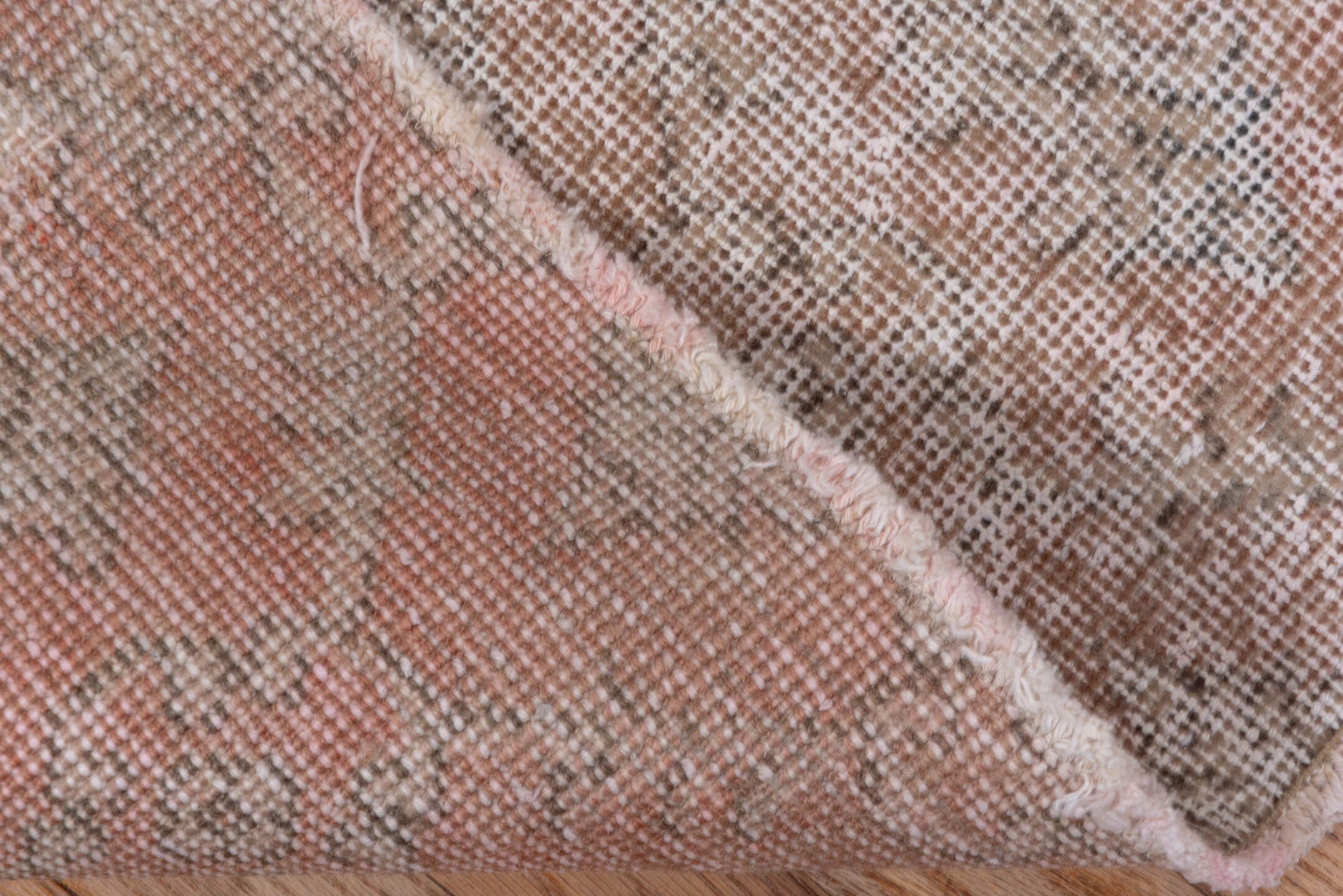 3' x 7' one-of-a-kind handmade vintage Oushak rug. Color palette: blush, taupe, ivory, rose, beige, pink, gray, red