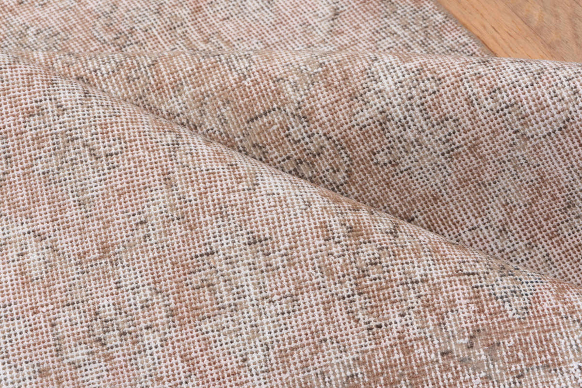 3' x 7' one-of-a-kind handmade vintage Oushak rug. Color palette: blush, taupe, ivory, rose, beige, pink, gray, red
