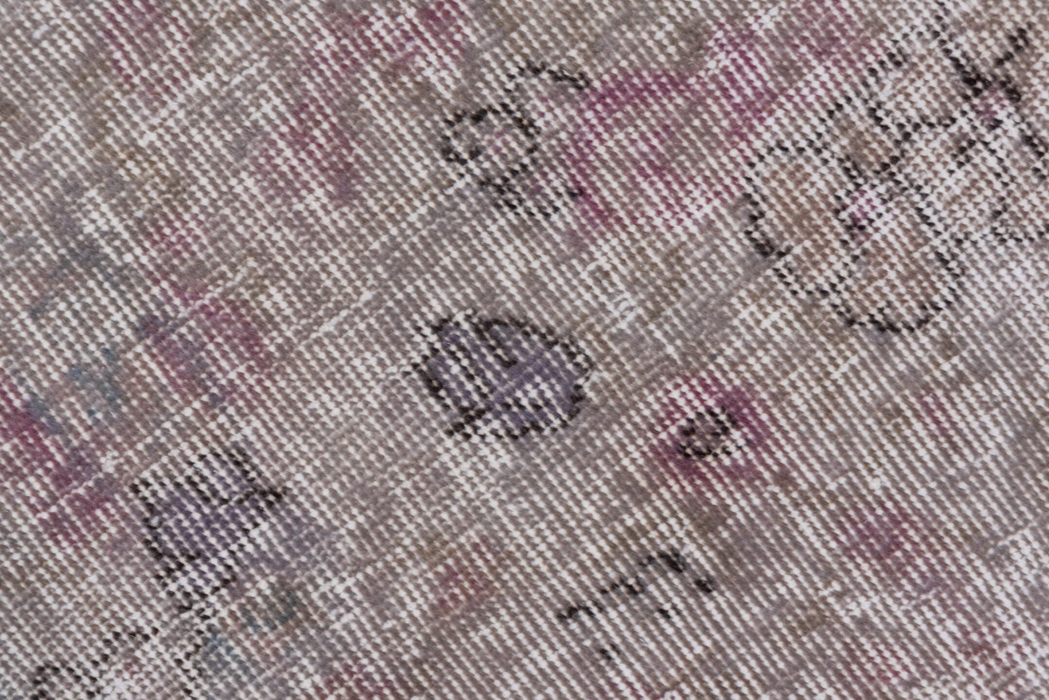 2' x 8' one-of-a-kind handmade vintage Overdyed runner rug. Color palette: taupe, ivory, rose, lavender, charcoal, beige