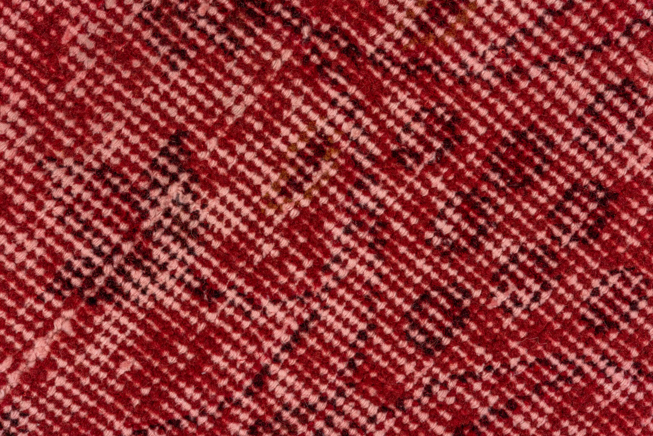 2' x 8' one-of-a-kind handmade vintage Overdyed runner rug. Color palette: brown, off-white, pink, red, snow, white