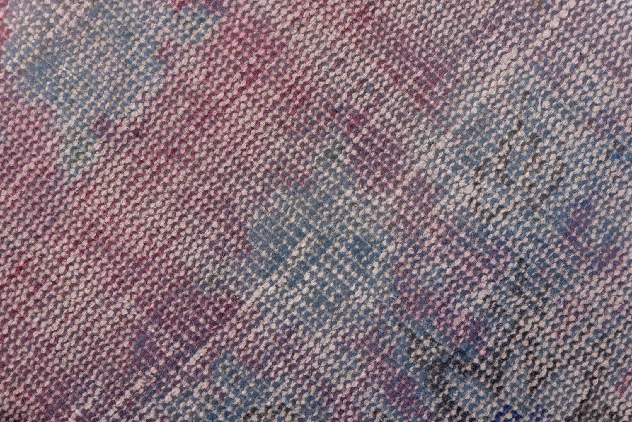 2' x 11' one-of-a-kind handmade vintage Overdyed runner rug. Color palette: brown, gray, off-white, pink, snow, white