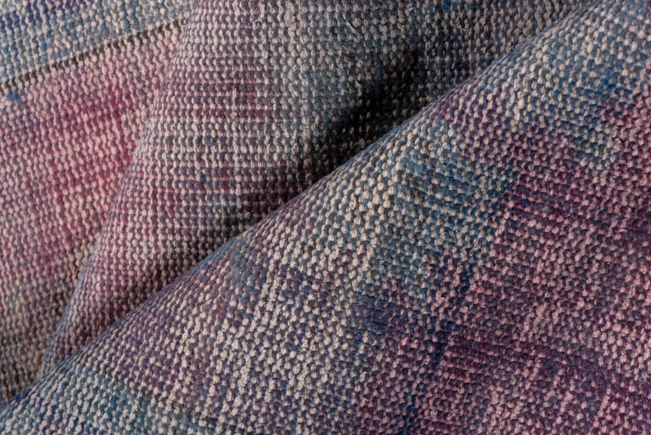 2' x 11' one-of-a-kind handmade vintage Overdyed runner rug. Color palette: brown, gray, off-white, pink, snow, white