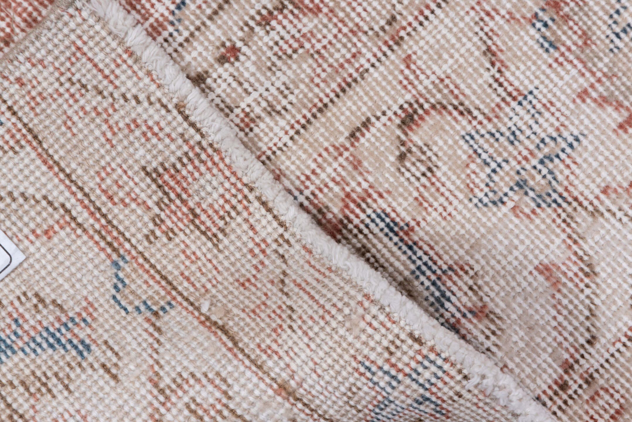 3' x 10' one-of-a-kind handmade vintage Oushak runner rug. Color palette: blush, ivory, dusty rose, pale blue, taupe, beige
