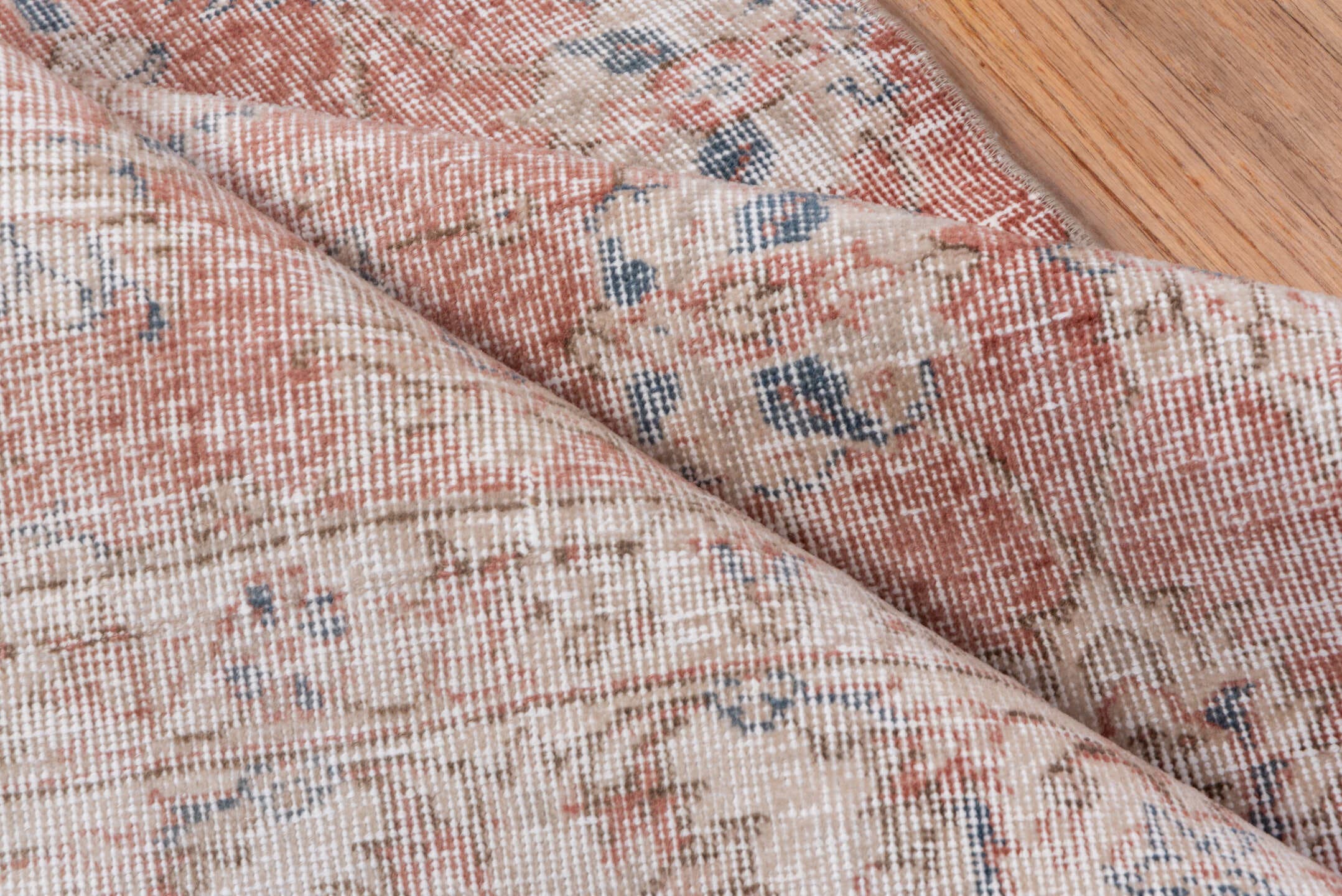 3' x 10' one-of-a-kind handmade vintage Oushak runner rug. Color palette: blush, ivory, dusty rose, pale blue, taupe, beige