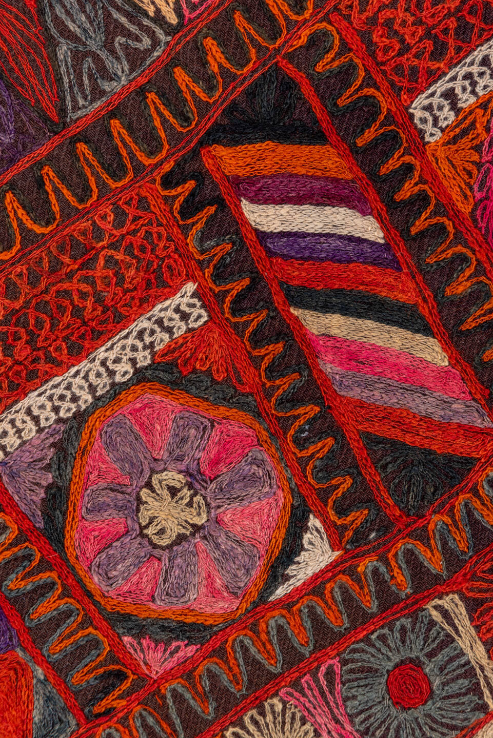 2' x 6' one-of-a-kind handmade vintage Kilim runner rug. Color palette: burgundy, rust, charcoal, violet, ivory, rose