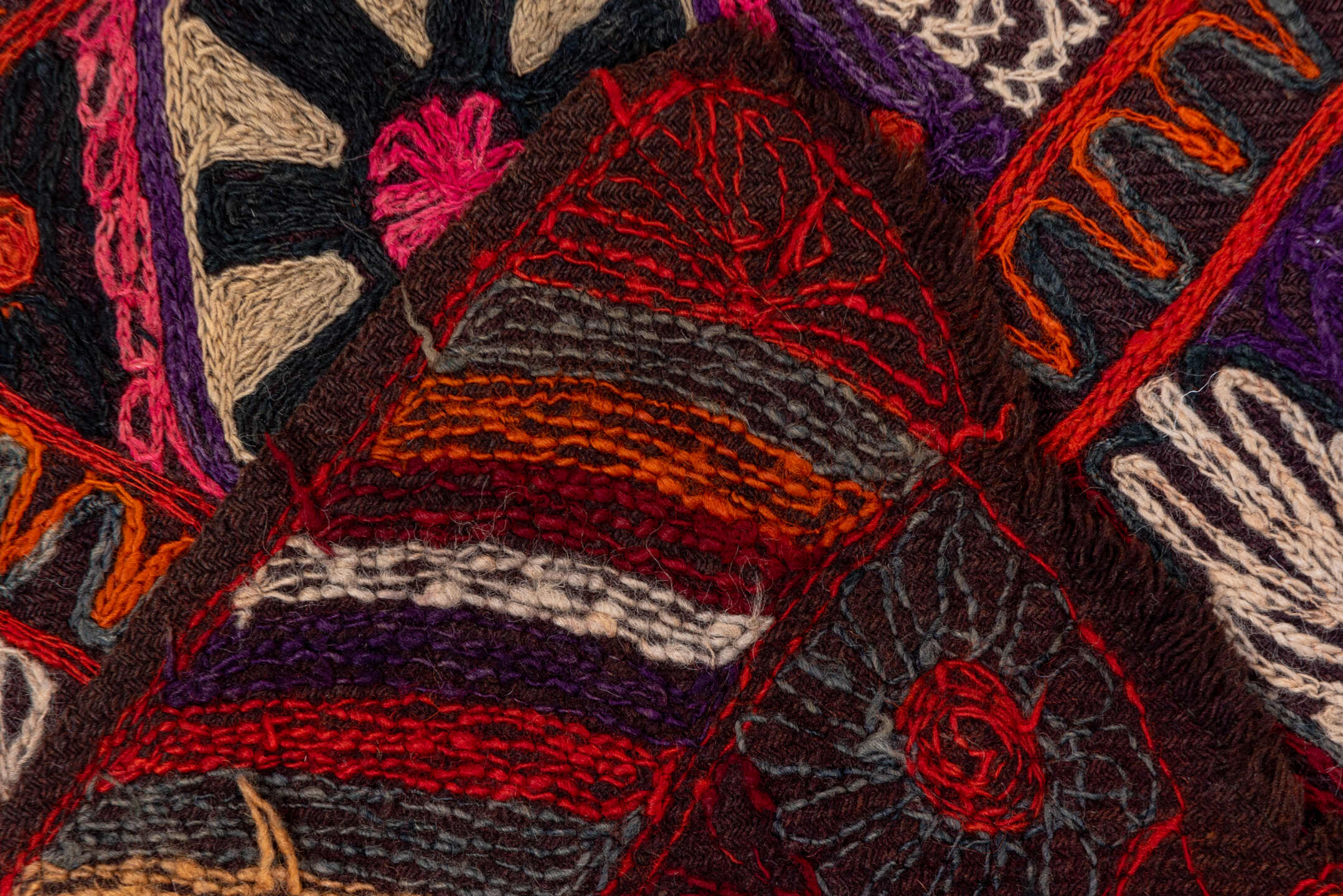 2' x 6' one-of-a-kind handmade vintage Kilim runner rug. Color palette: burgundy, rust, charcoal, violet, ivory, rose
