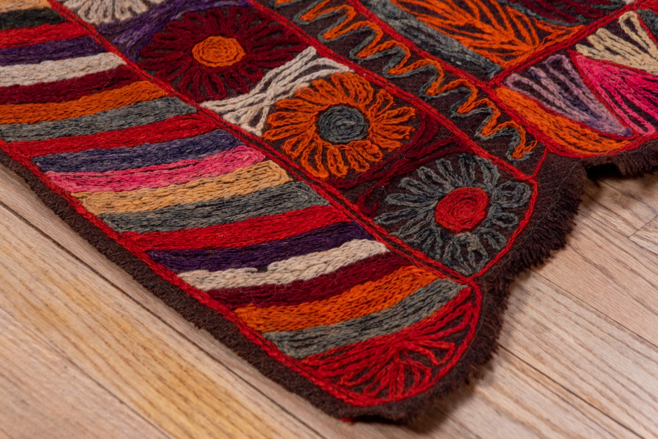 2' x 6' one-of-a-kind handmade vintage Kilim runner rug. Color palette: burgundy, rust, charcoal, violet, ivory, rose