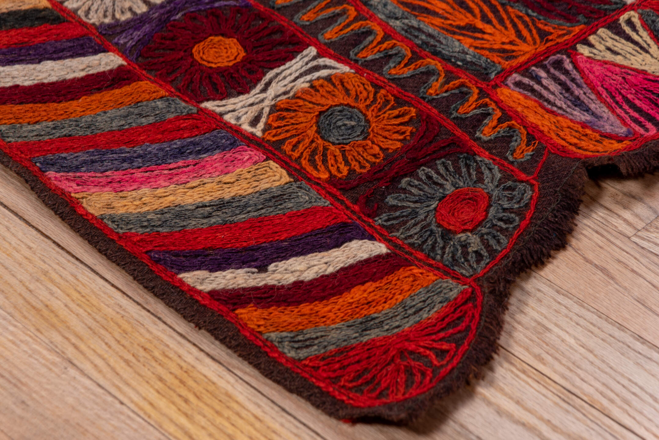 2' x 6' one-of-a-kind handmade vintage Kilim runner rug. Color palette: burgundy, rust, charcoal, violet, ivory, rose