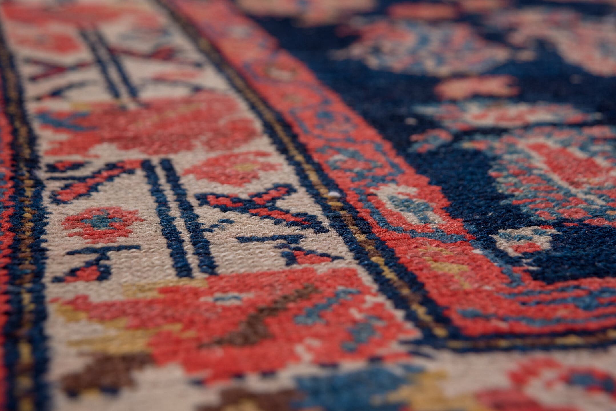4' x 11' one-of-a-kind handmade vintage Malayer runner rug. Color palette: brown, rust, ivory, navy, coral, gold, camel