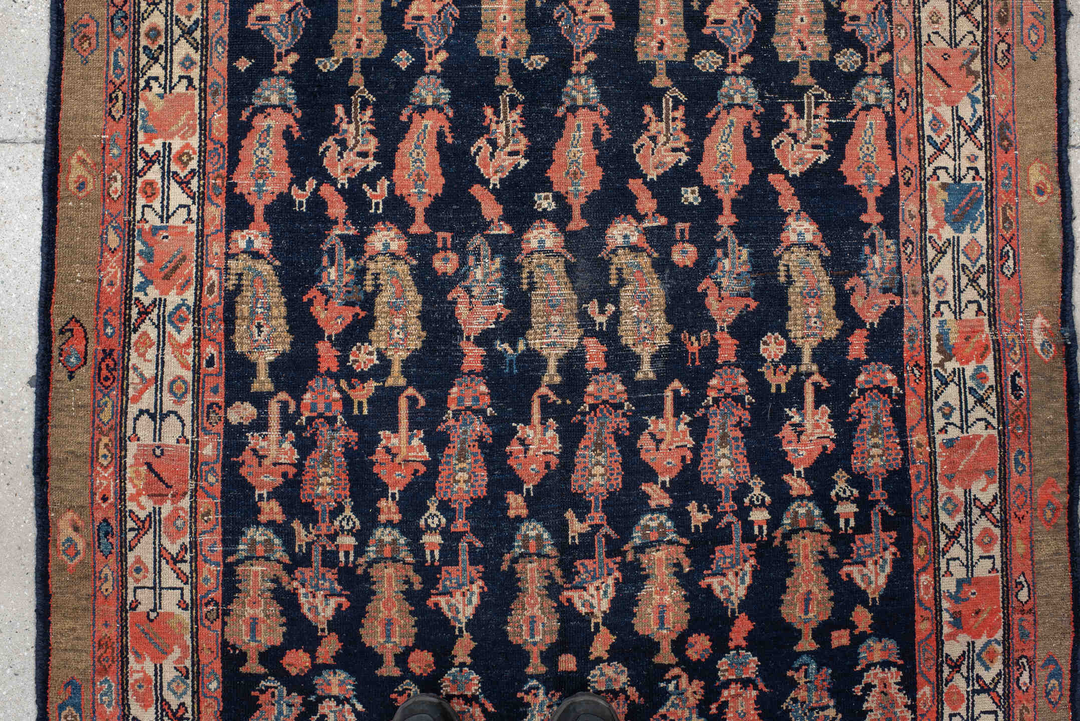 4' x 11' one-of-a-kind handmade vintage Malayer runner rug. Color palette: brown, rust, ivory, navy, coral, gold, camel