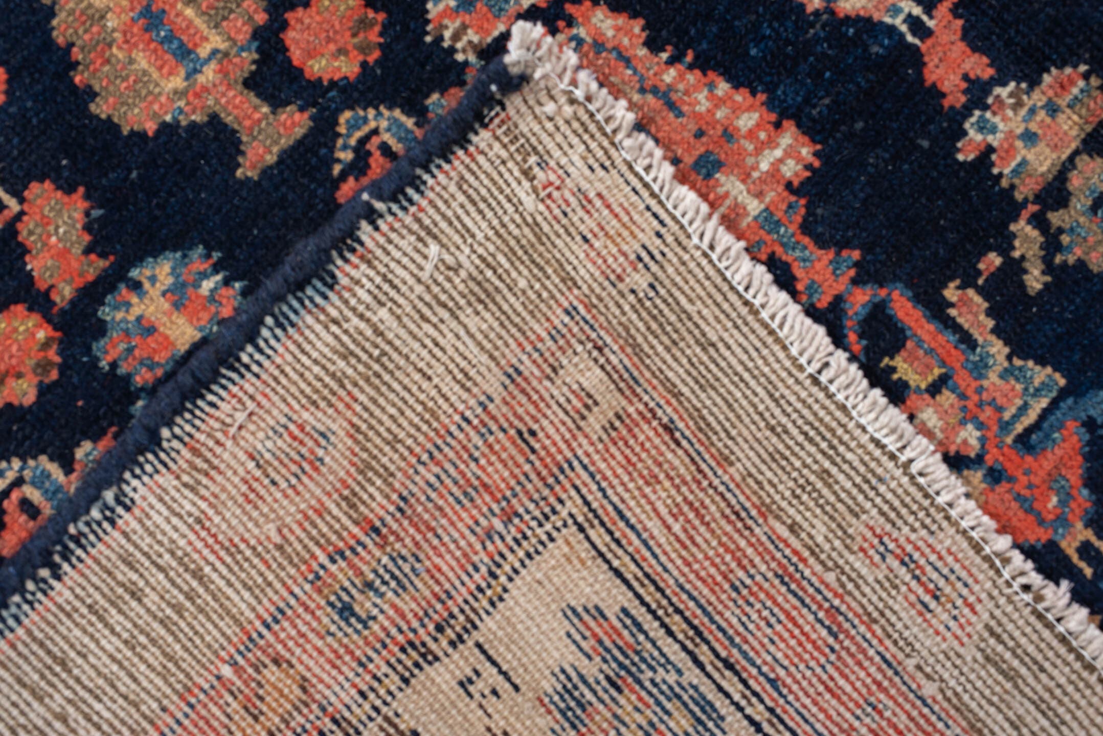 4' x 11' one-of-a-kind handmade vintage Malayer runner rug. Color palette: brown, rust, ivory, navy, coral, gold, camel