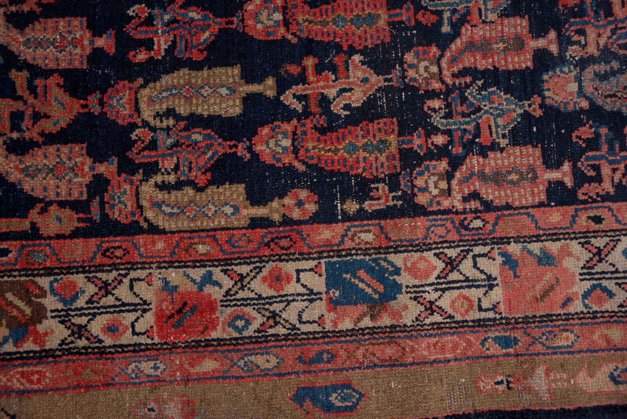 4' x 11' one-of-a-kind handmade vintage Malayer runner rug. Color palette: brown, rust, ivory, navy, coral, gold, camel