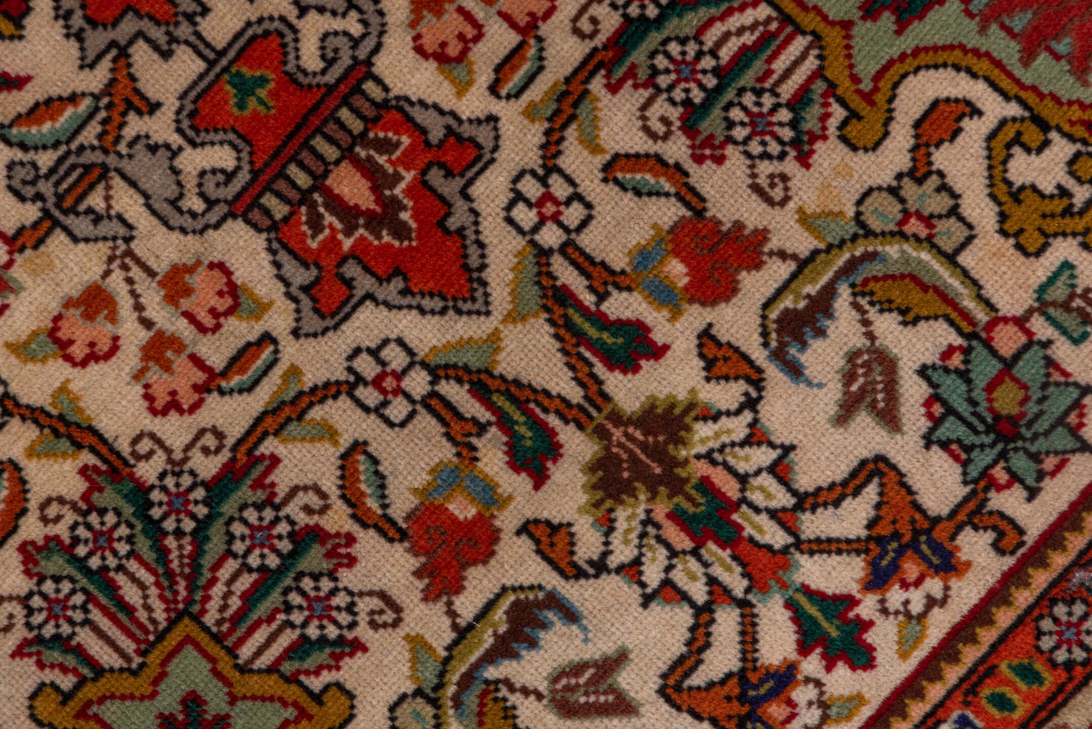 3' x 5' one-of-a-kind handmade vintage Tabriz small size rug. Color palette: ivory, rust, coral, sage, navy, gold, brown