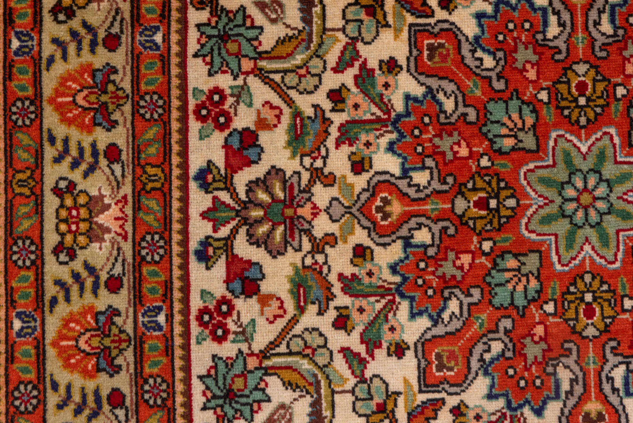 3' x 5' one-of-a-kind handmade vintage Tabriz small size rug. Color palette: ivory, rust, coral, sage, navy, gold, brown