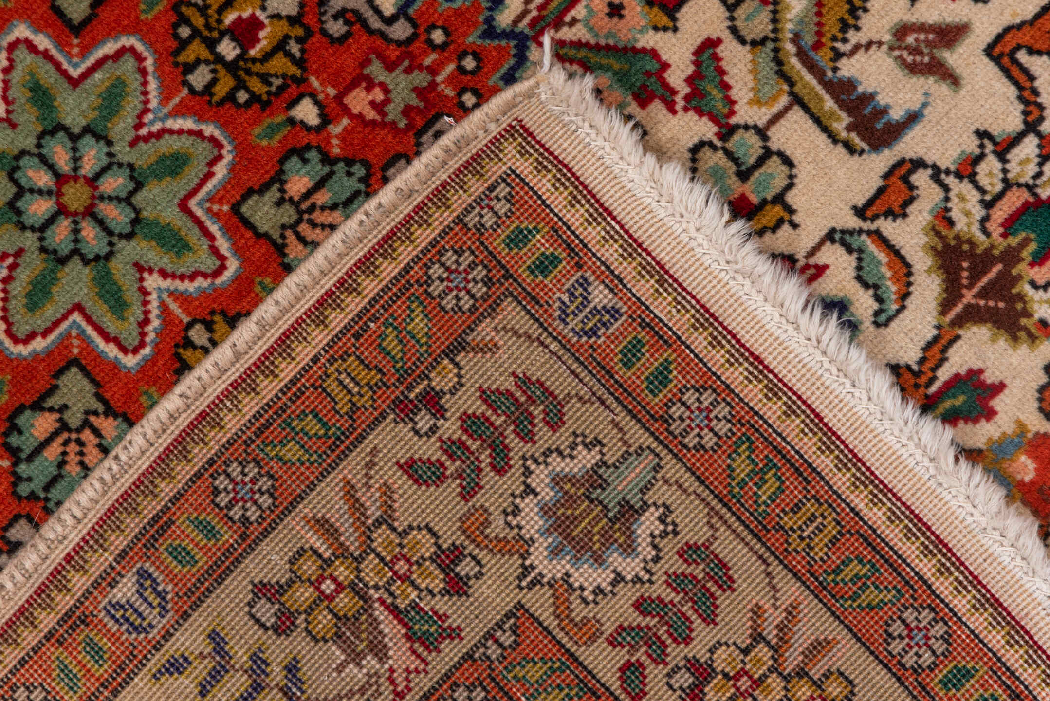 3' x 5' one-of-a-kind handmade vintage Tabriz small size rug. Color palette: ivory, rust, coral, sage, navy, gold, brown