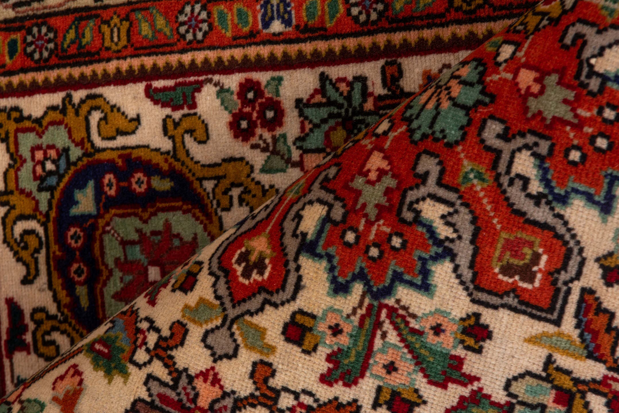 3' x 5' one-of-a-kind handmade vintage Tabriz small size rug. Color palette: ivory, rust, coral, sage, navy, gold, brown