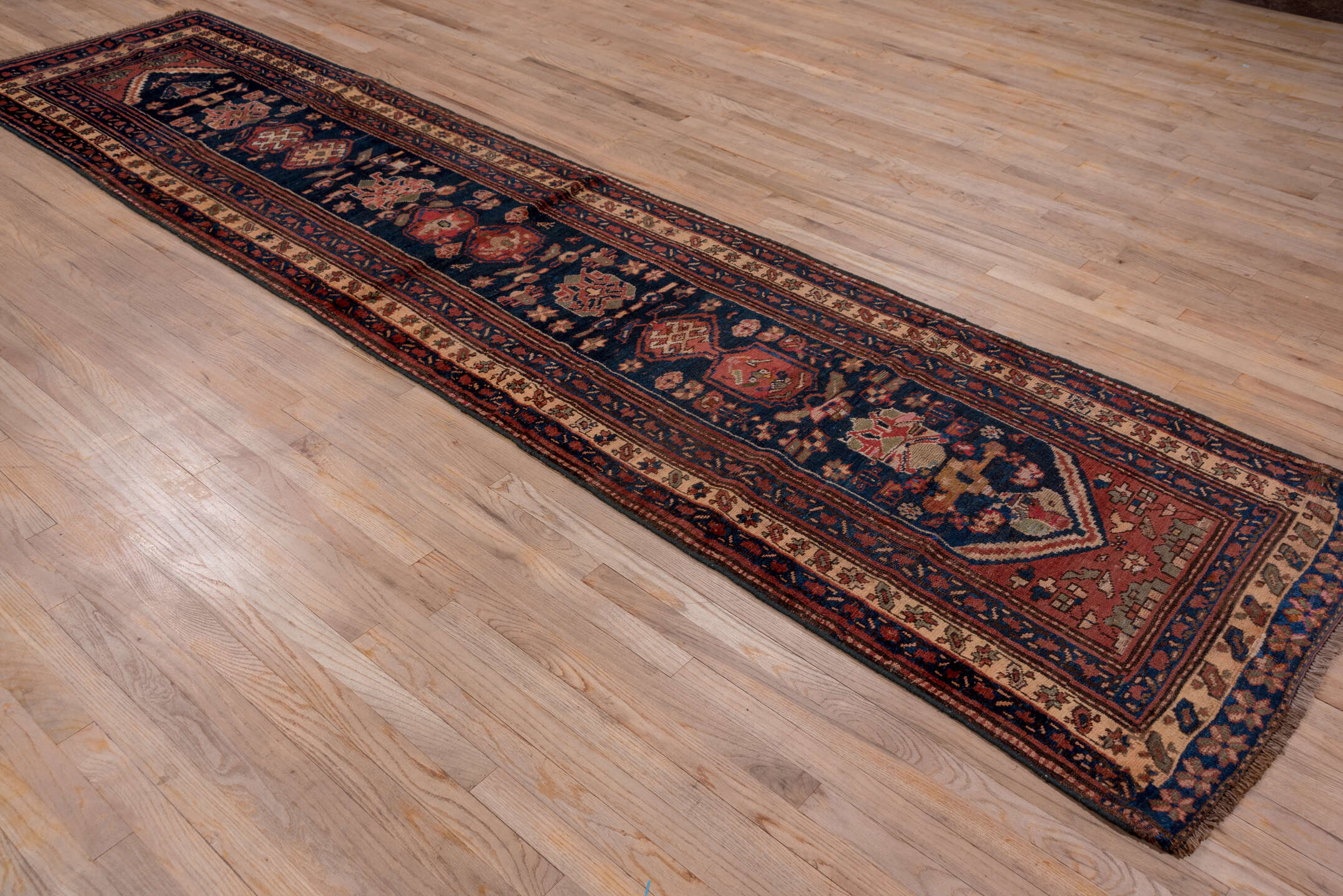 3' x 13' one-of-a-kind handmade vintage Malayer runner rug. Color palette: black, brown, gray, off-white, pink, red, snow