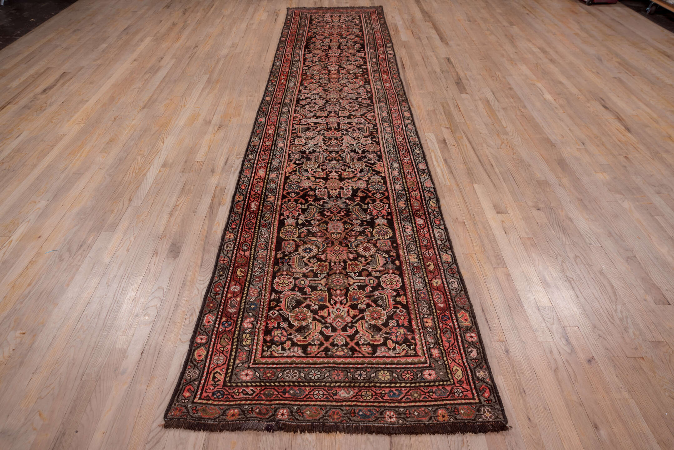 3' x 15' one-of-a-kind handmade vintage Malayer runner rug. Color palette: brown, gray, pink, red