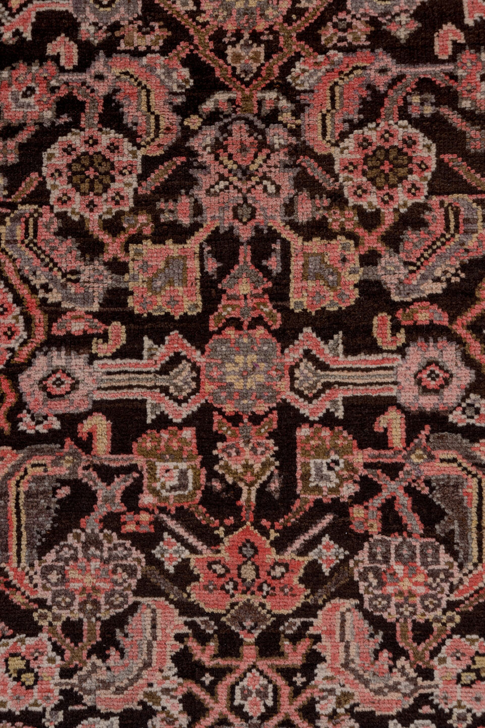 3' x 15' one-of-a-kind handmade vintage Malayer runner rug. Color palette: brown, gray, pink, red