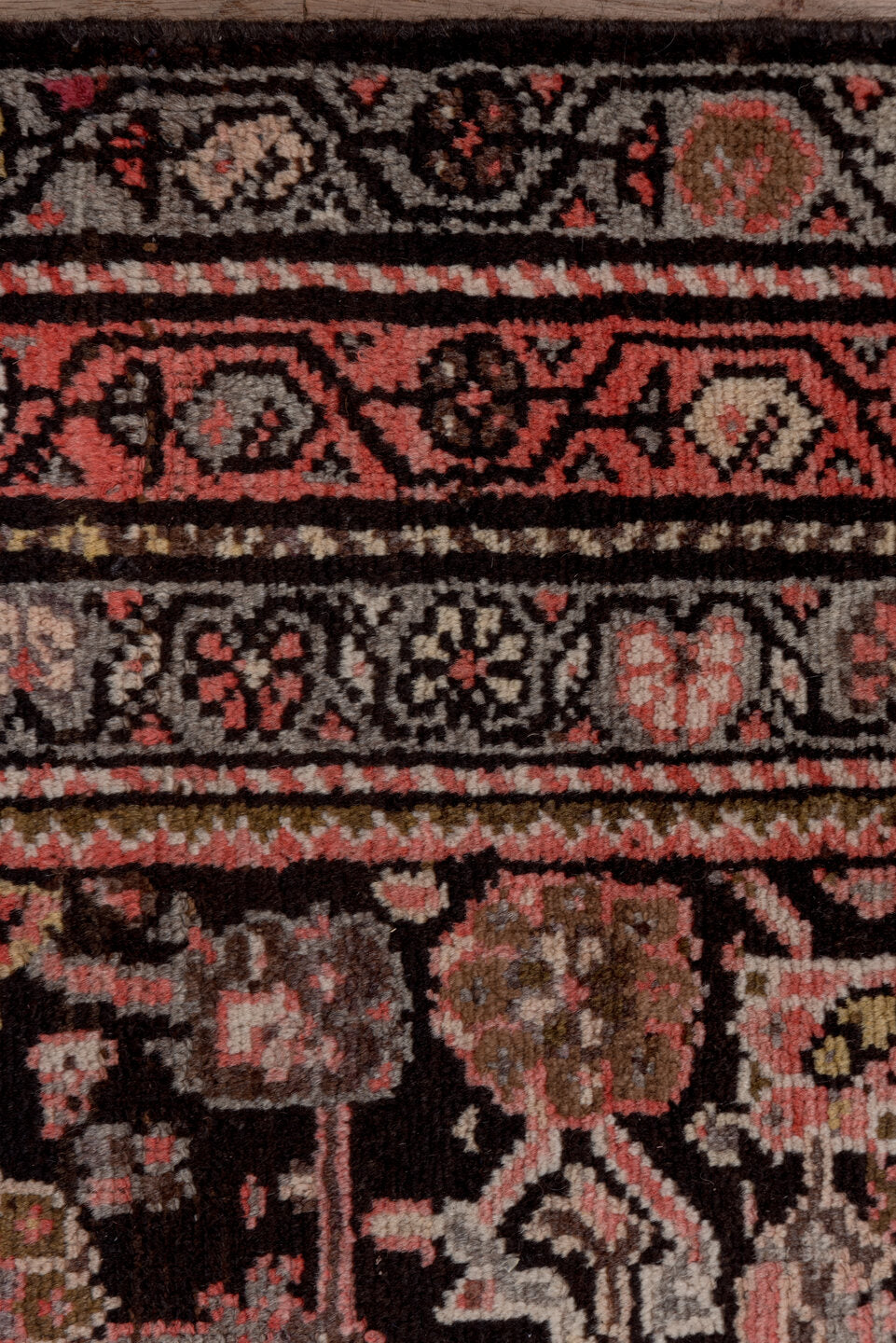 3' x 15' one-of-a-kind handmade vintage Malayer runner rug. Color palette: brown, gray, pink, red