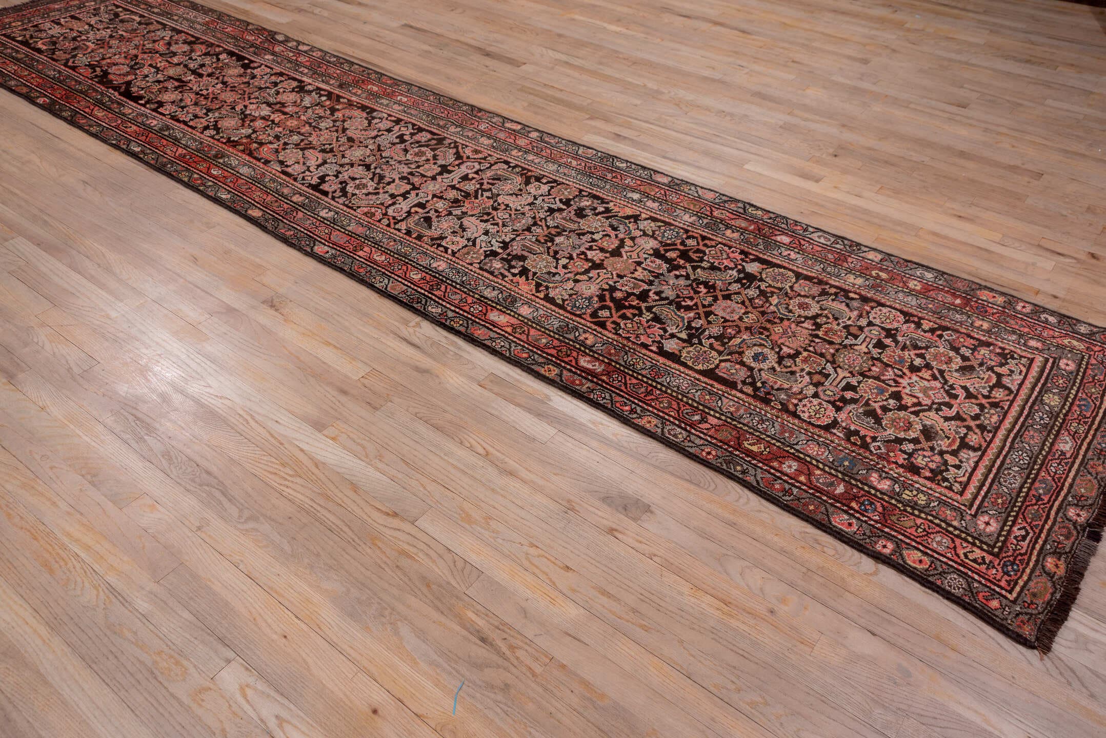3' x 15' one-of-a-kind handmade antique Malayer runner rug. Color palette: charcoal, rust, rose, ivory, taupe, burgundy