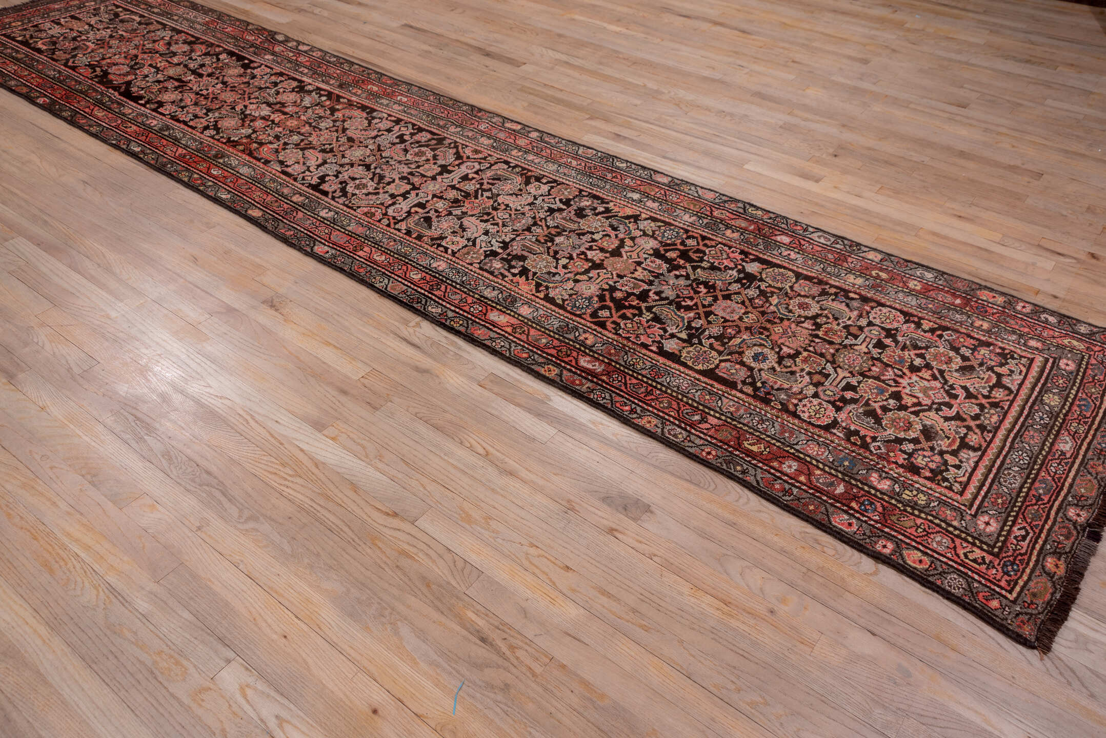 3' x 15' one-of-a-kind handmade vintage Malayer runner rug. Color palette: brown, gray, pink, red