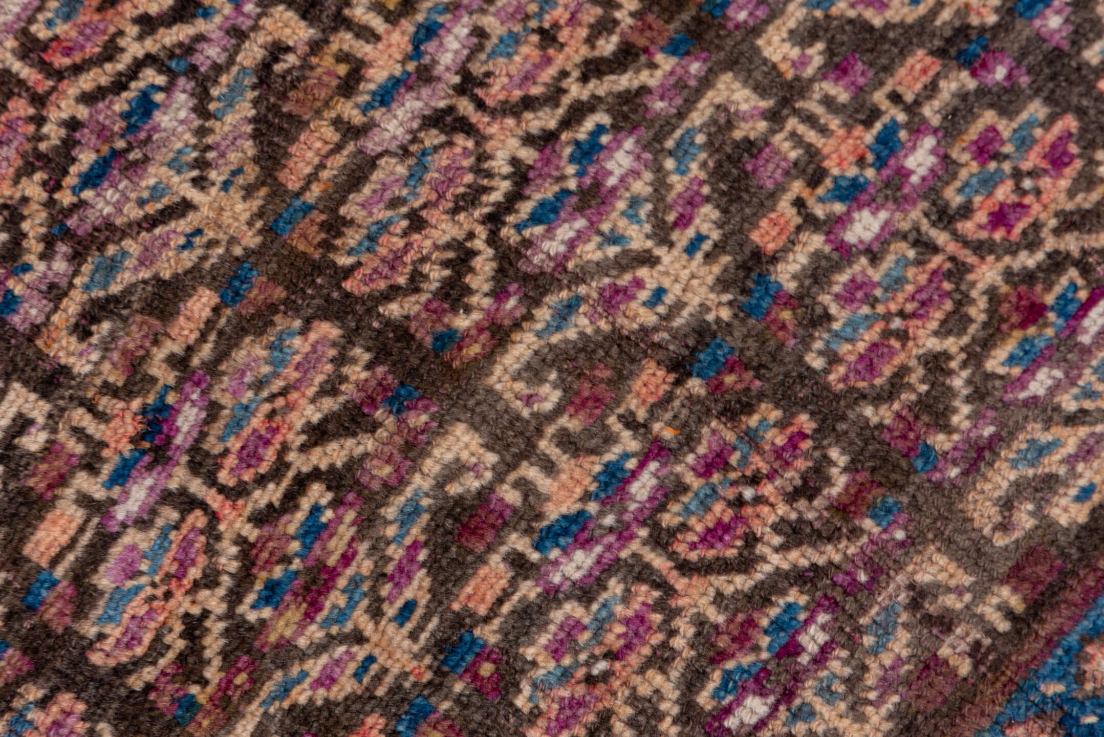 3' x 6' one-of-a-kind handmade antique Kurd small size rug. Color palette: brown, ivory, indigo, sky blue, rose, burgundy
